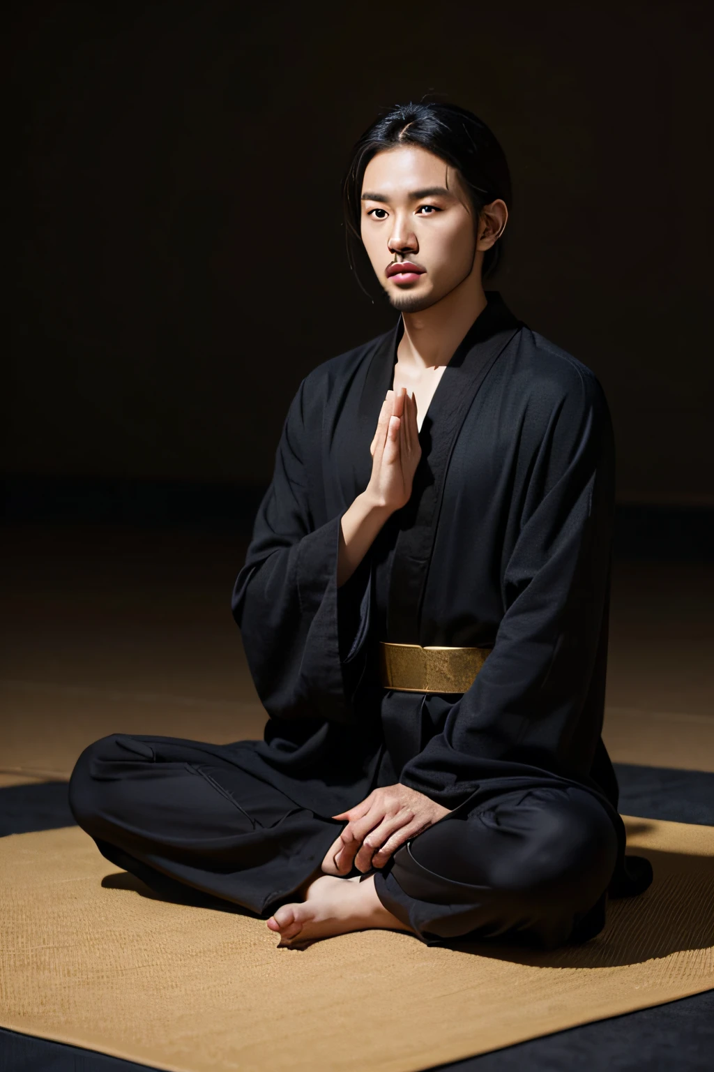 One was wearing a black robe，Gold belt，A 33-year-old Chinese man sits on a black mat with his hands folded,in meditation pose, praying pose, wearing a long flowing robe, zen meditation, Wearing gilded black robe, in meditation pose, Handsome looking，Blank background，Sit upright。