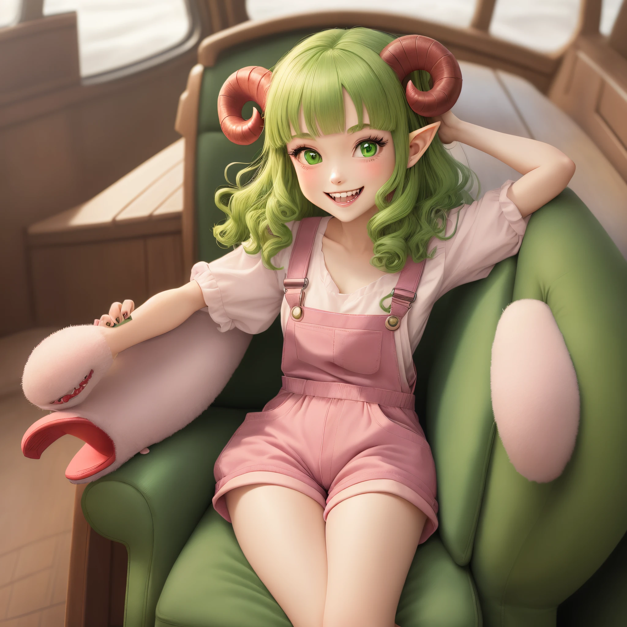 light tan grown woman with straight long lime green hair with choppy bangs, lime-green eyes, small pale pink curled sheep horns, small pointy elf ears, her teeth are sharp, her nails are red, has a long red tail with a heart end, wearing green flowery overall shorts with pockets, pale pink shirt, a red neck ribbon, and green dragon shaped slippers. toothy smile. setting is on board the Going Merry ship. manga one piece panel