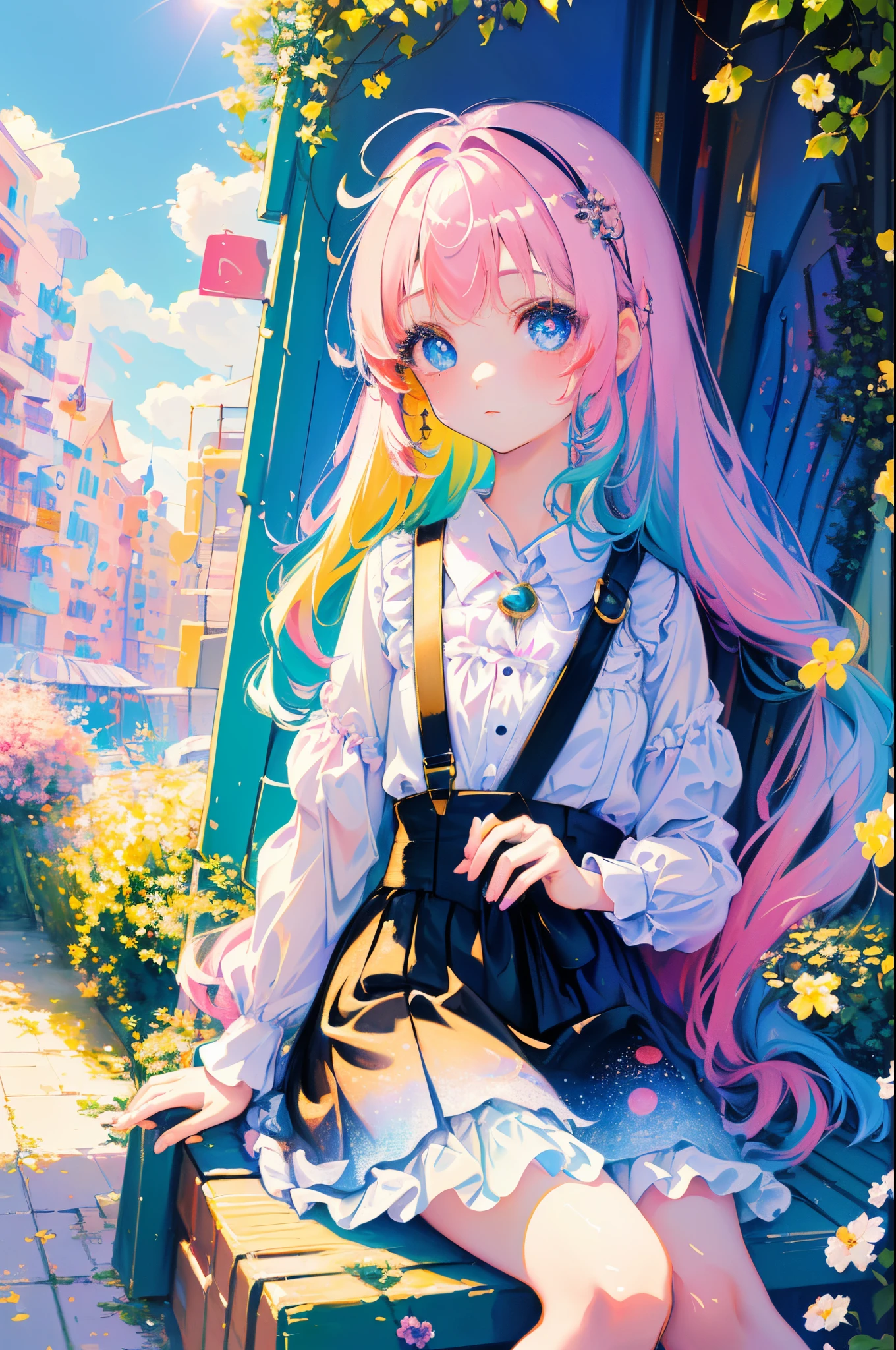Sitting in the big city seen from a height、colourfull、dream-like(Petite and beautiful girl with detailed eyes。The depth of field in the photo is perfect、Lens flare added a nice touch。