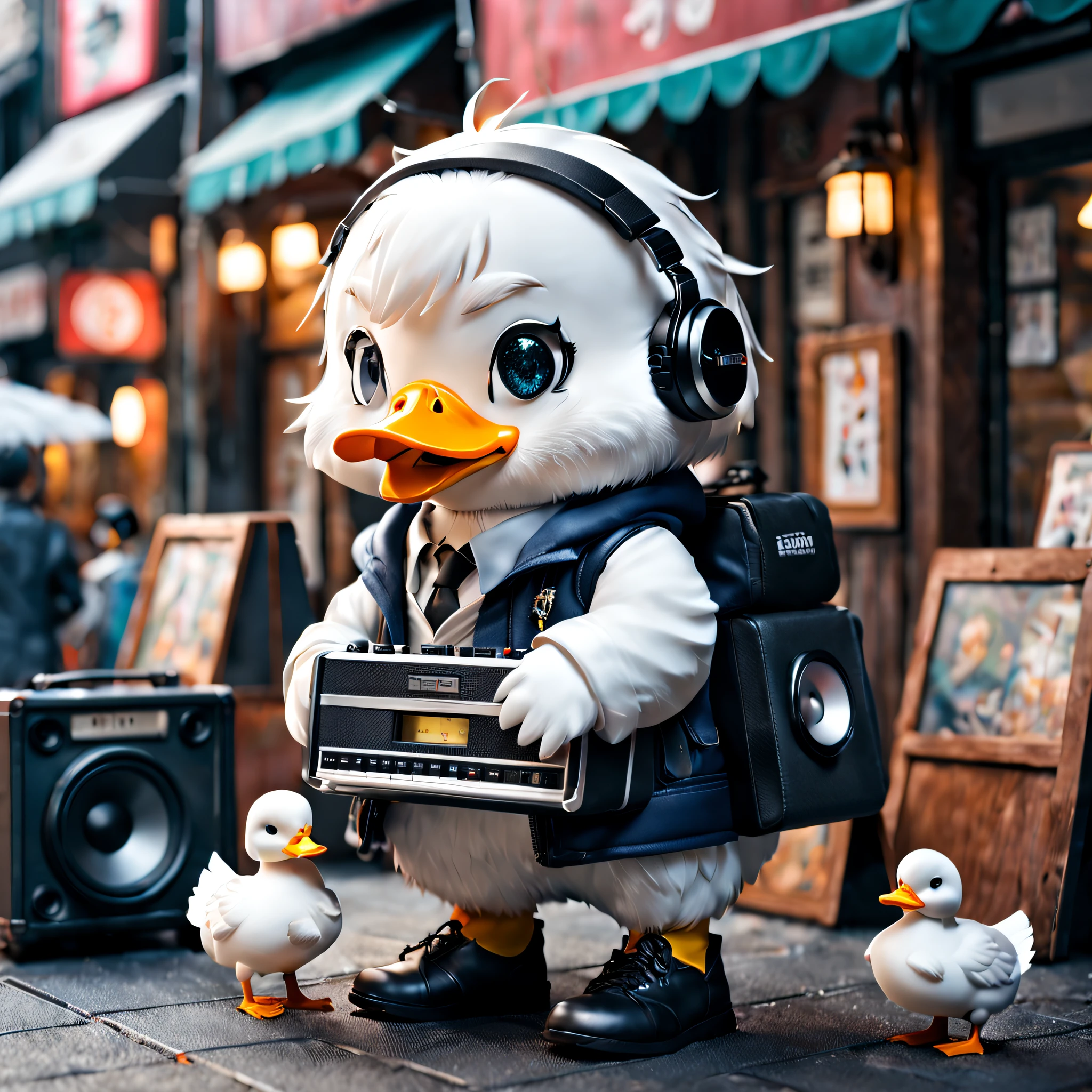 full body Esbian、cool male white duck、pop male white duck、Deformed animals、diorama、symple background、Shibuya Fashion、Tiere、I have a boom box、​masterpiece, Best Quality, Capture super cute moments, depth of fields, ultra-detailliert, Ultra High Resolution, Octadale, 8K, 16 K