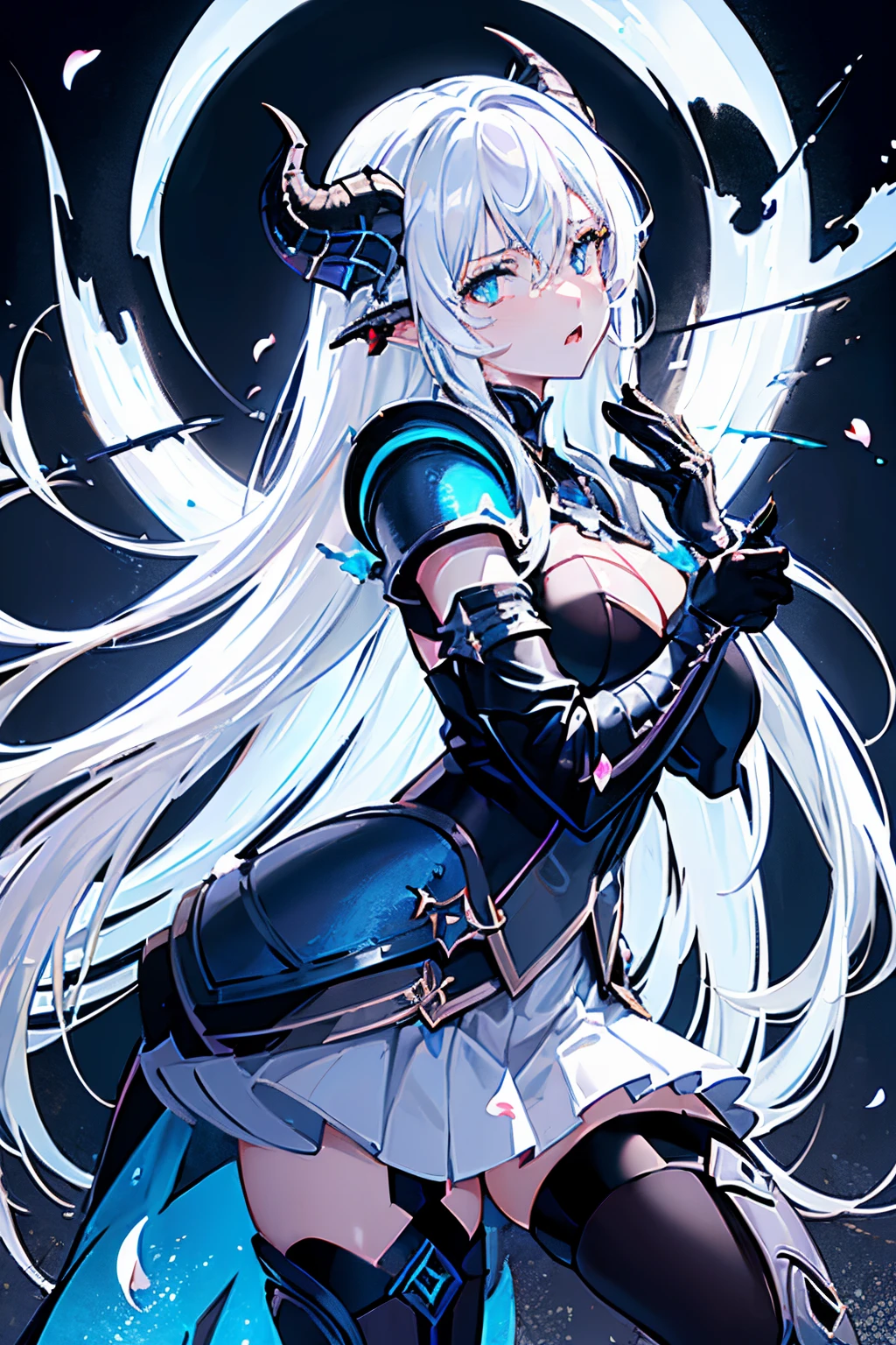 masterpiece, best quality,
1girl, (colorful),(finely detailed beautiful eyes and detailed face),cinematic lighting,bust shot,extremely detailed CG unity 8k wallpaper,white hair,solo,serious,intricate skirt,((flying petal)),(Flowery meadow)
sky, cloudy_sky, building, moonlight, moon, night, (dark theme:1.8), dark fantasy, ((Light Skin)) ((Blue Eyes)) ((Blue Horns)) (((Black Armor))) (((Dragon Girl))) ((Ice Magic))) (((White Hair))) Best Res, High Res, Absurd Res ((Elden Ring)) (((Best Face))) ((Mature, Rageful, hateful expression))