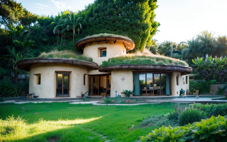 A photograph of a symmetrical contemporary house with (((one waved green roof))) and (((biological pool))) in a tropical backyard, mustard yellow terracota plaster walls (((rustic clay stucco))), ((corner walls rounded)), ((rustic clay plaster)), (((terracotta walls with rounded corners, organic curves))), (((rustic earth plaster, mud))), (((wave-shaped green roof with wooden edge))), (((wooden roof structure, wooden rake, wooden fascia board))), eaves, porch with wooden pillar, ((roof with wooden structure)), In Bali (((Tropical garden))), ((natural houses, organic buildings, organic architecture)), Ecovillage, sustainable architecture, Bioconstruction architecture, solarpunk architecture, (((grass roof, green roof, green wave roof, rounded roof, vegetated roofs))), ((green architecture)), Passive house, (((Rock Foundation))), Clear sky in the background, painful beauty, modern, imposing, green house, ((Bali hobbit Hadid Style)), super resolution, cinematic, color grading, editorial photography, photography, photo shoot, (((dramatic front eye top angle view))), O 50mm, depth of field, intricate details, natural colors, sharp focus, warm light, shutter speed 1/1000, F/22, White Balance, Ray Trace Reflections, Lumen Reflections, Screen Space Reflections, Diffraction Rating, Chromatic Aberration, GB Shift, Partial Lighting, Backlighting, Daylighting, Scan Lines, ambient occlusion, antialiasing, shaders, OpenGL-Shaders, GLSL-Shaders, Post-processing, post-production, shading, tone mapping, incredibly detailed and complex, hypermaximalist, elegant, hyperrealistic, super detailed, dynamic pose, Fujifilm XT