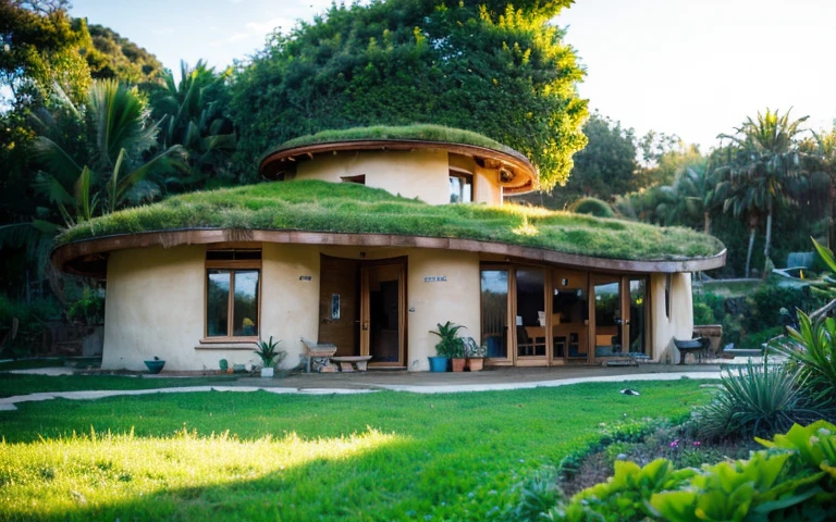 A photograph of a symmetrical contemporary house with (((one waved green roof))) and (((biological pool))) in a tropical backyard, mustard yellow terracota plaster walls (((rustic clay stucco))), ((corner walls rounded)), ((rustic clay plaster)), (((terracotta walls with rounded corners, organic curves))), (((rustic earth plaster, mud))), (((wave-shaped green roof with wooden edge))), (((wooden roof structure, wooden rake, wooden fascia board))), eaves, porch with wooden pillar, ((roof with wooden structure)), In Bali (((Tropical garden))), ((natural houses, organic buildings, organic architecture)), Ecovillage, sustainable architecture, Bioconstruction architecture, solarpunk architecture, (((grass roof, green roof, green wave roof, rounded roof, vegetated roofs))), ((green architecture)), Passive house, (((Rock Foundation))), Clear sky in the background, painful beauty, modern, imposing, green house, ((Bali hobbit Hadid Style)), super resolution, cinematic, color grading, editorial photography, photography, photo shoot, (((dramatic front eye top angle view))), O 50mm, depth of field, intricate details, natural colors, sharp focus, warm light, shutter speed 1/1000, F/22, White Balance, Ray Trace Reflections, Lumen Reflections, Screen Space Reflections, Diffraction Rating, Chromatic Aberration, GB Shift, Partial Lighting, Backlighting, Daylighting, Scan Lines, ambient occlusion, antialiasing, shaders, OpenGL-Shaders, GLSL-Shaders, Post-processing, post-production, shading, tone mapping, incredibly detailed and complex, hypermaximalist, elegant, hyperrealistic, super detailed, dynamic pose, Fujifilm XT