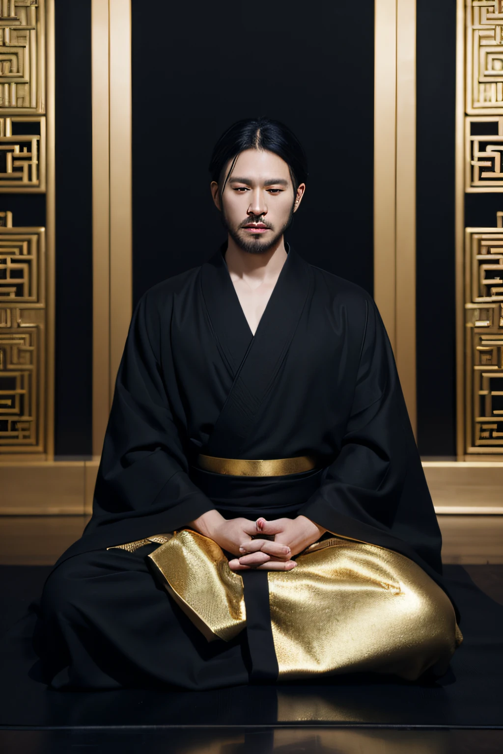 One was wearing a black robe,Gold belt,A 33-year-old Chinese man sits on a black mat with his hands folded,in meditation pose, praying pose, wearing a long flowing robe, zen meditation, Wearing gilded black robe, in meditation pose, Handsome looking,Blank background,Sit upright。