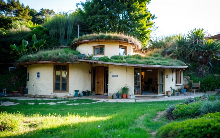 A photograph of a symmetrical contemporary house with (((one waved green roof))) and (((biological pool))) in a tropical backyard, mustard yellow terracota plaster walls (((rustic clay stucco))), ((corner walls rounded)), ((rustic clay plaster)), (((terracotta walls with rounded corners, organic curves))), (((rustic earth plaster, mud))), (((wave-shaped green roof with wooden edge))), (((wooden roof structure, wooden rake, wooden fascia board))), eaves, porch with wooden pillar, ((roof with wooden structure)), In Bali (((Tropical garden))), ((natural houses, organic buildings, organic architecture)), Ecovillage, sustainable architecture, Bioconstruction architecture, solarpunk architecture, (((grass roof, green roof, green wave roof, rounded roof, vegetated roofs))), ((green architecture)), Passive house, (((Rock Foundation))), Clear sky in the background, painful beauty, modern, imposing, green house, ((Bali hobbit Hadid Style)), super resolution, cinematic, color grading, editorial photography, photography, photo shoot, (((dramatic front eye top angle view))), O 50mm, depth of field, intricate details, natural colors, sharp focus, warm light, shutter speed 1/1000, F/22, White Balance, Ray Trace Reflections, Lumen Reflections, Screen Space Reflections, Diffraction Rating, Chromatic Aberration, GB Shift, Partial Lighting, Backlighting, Daylighting, Scan Lines, ambient occlusion, antialiasing, shaders, OpenGL-Shaders, GLSL-Shaders, Post-processing, post-production, shading, tone mapping, incredibly detailed and complex, hypermaximalist, elegant, hyperrealistic, super detailed, dynamic pose, Fujifilm XT