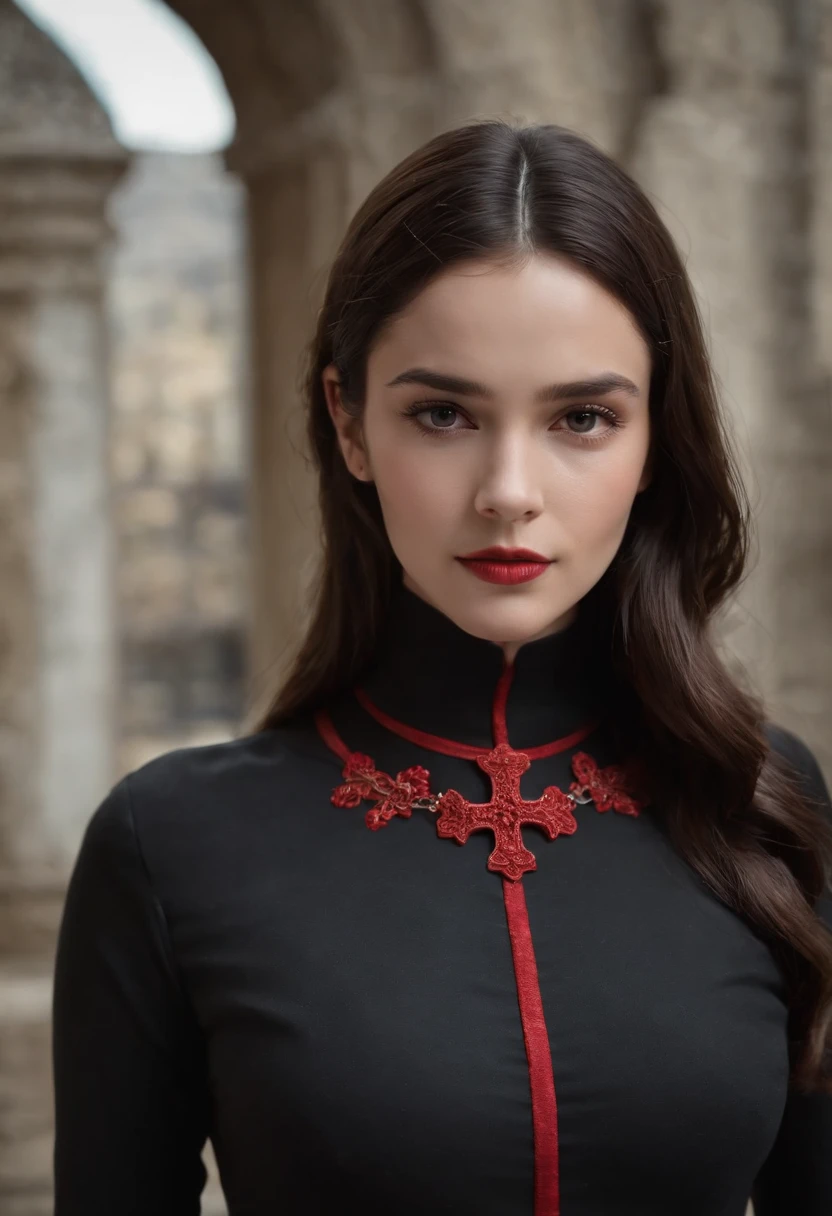 emilia gomez is very , tall, Gorgeous, Spanish descent, Age 23, Smooth skin, Black hair. Turtleneck of red color, Black Fitting Pants, Simple Silver Cross Necklace, Work in an underground base, Highly detailed, 发光,  8K, Checking artifacts, holding a long whip. Amazing detail,