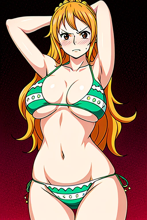 Onepiece、masutepiece, ((hyper detailed background, Delicate pattern, intricate detailes)), (Highly detailed, Fine details), Best Quality, Beautiful lighting, ((Colossal tits、Chic, Slim Girl, Slender belly、abdominals:0.6, wide-hips)), Nami Final, ((maikurobikini、underboob)),, 1girl in, Orange hair, Solo, Long hair, Jewelry, Brown eyes,blush, perspired, be breathless, Arms up, embarrassed,angry, regrettable