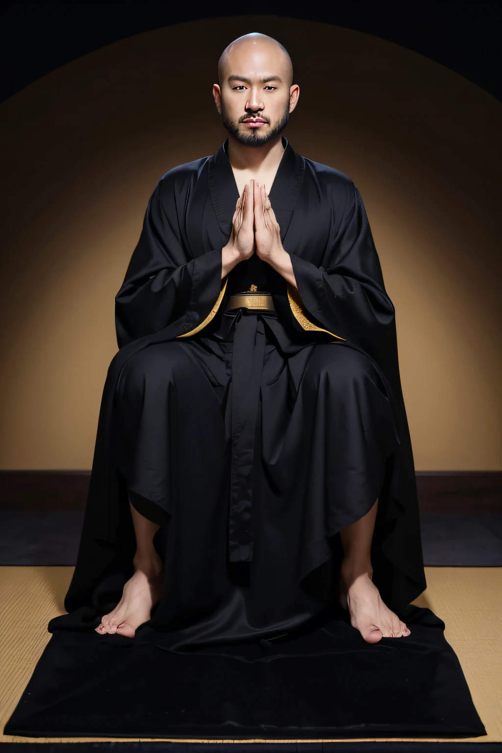 One was wearing a black robe,Gold belt,A 33-year-old Chinese man sits on a black mat with his hands folded,in meditation pose, praying pose, wearing a long flowing robe, zen meditation, Wearing gilded black robe, in meditation pose, Handsome looking,Blank background,Sit upright。
