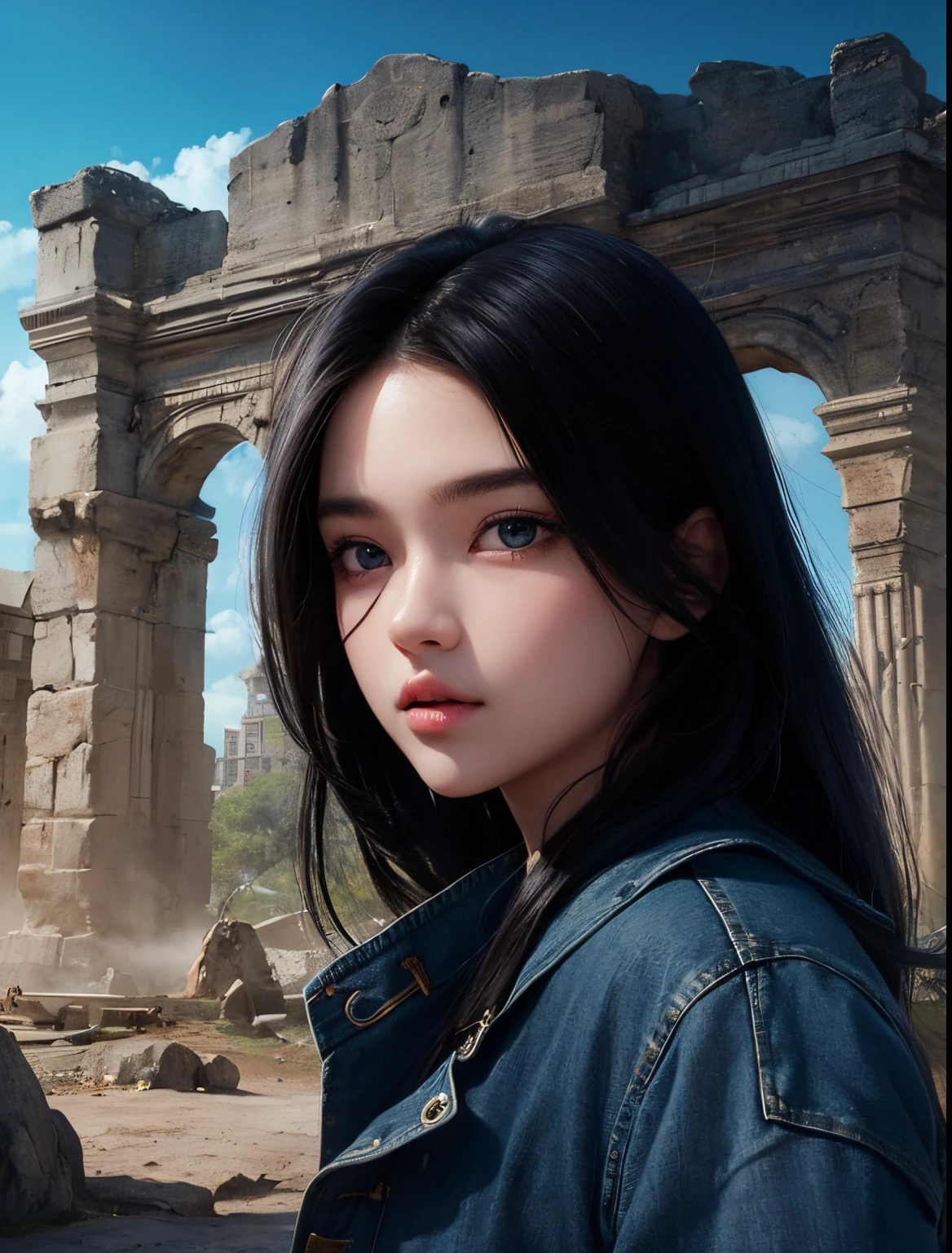 One Beautiful Woman。Sixteen years old。Beautiful double eyes。Passed nasal muscle。well-shaped lips。A dark-haired。Black eyes。jacket and jeans。Image of Atlantean civilization on the background of a woman。
