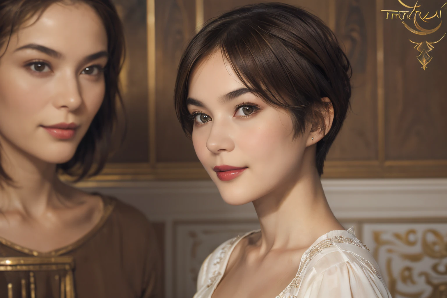 107
(a 20 yo woman,is standing), (A hyper-realistic), (high-level image quality), ((beautiful hairstyle 46)), ((short-hair)), (Gentle smile), (Keep your mouth shut), (Painterly,trompe l'oeil), ((trickart:1.46)), (lipsticks), (breasted)