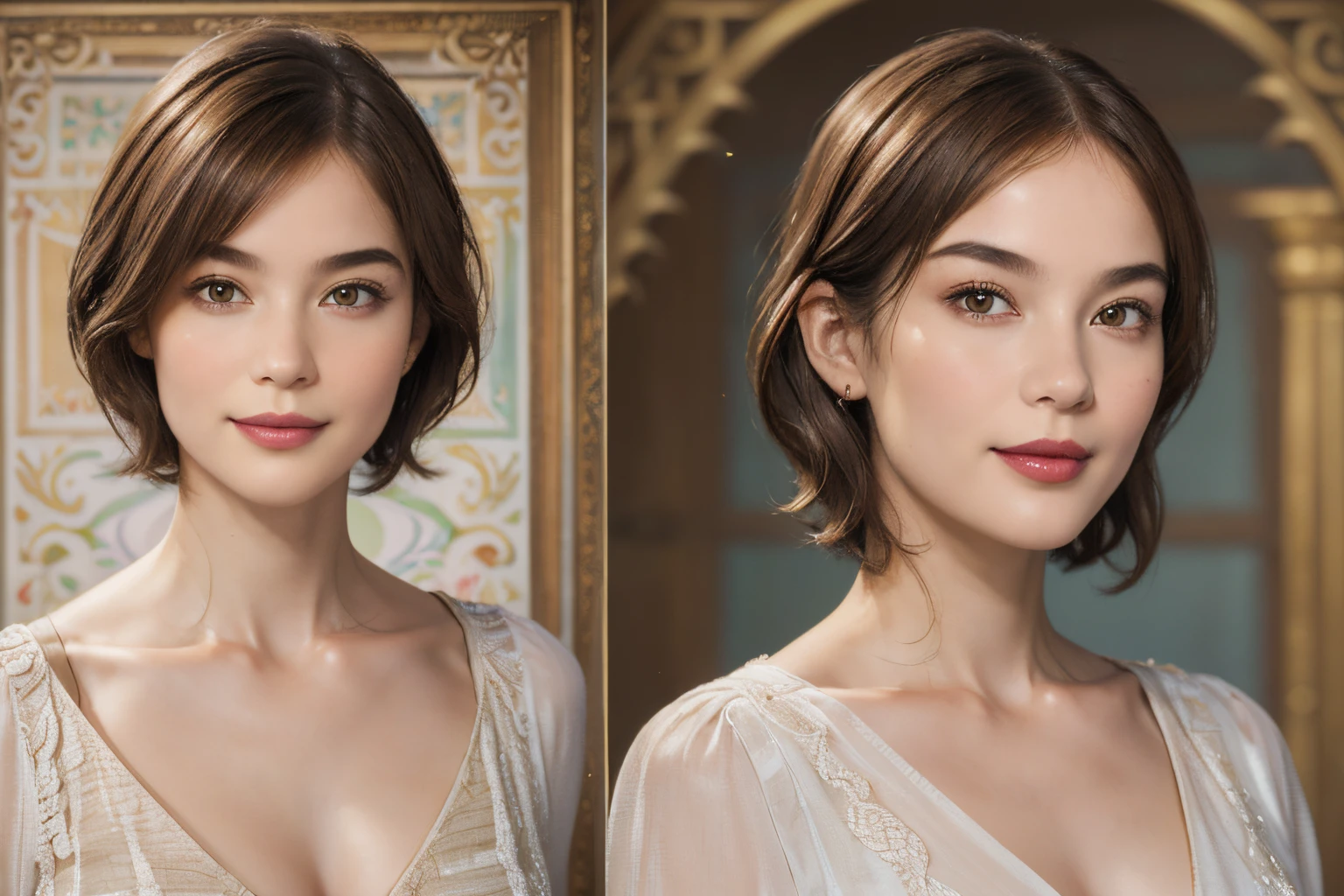 107
(a 20 yo woman,is standing), (A hyper-realistic), (high-level image quality), ((beautiful hairstyle 46)), ((short-hair)), (Gentle smile), (Keep your mouth shut), (Painterly,trompe l'oeil), ((trickart:1.46)), (lipsticks), (breasted)