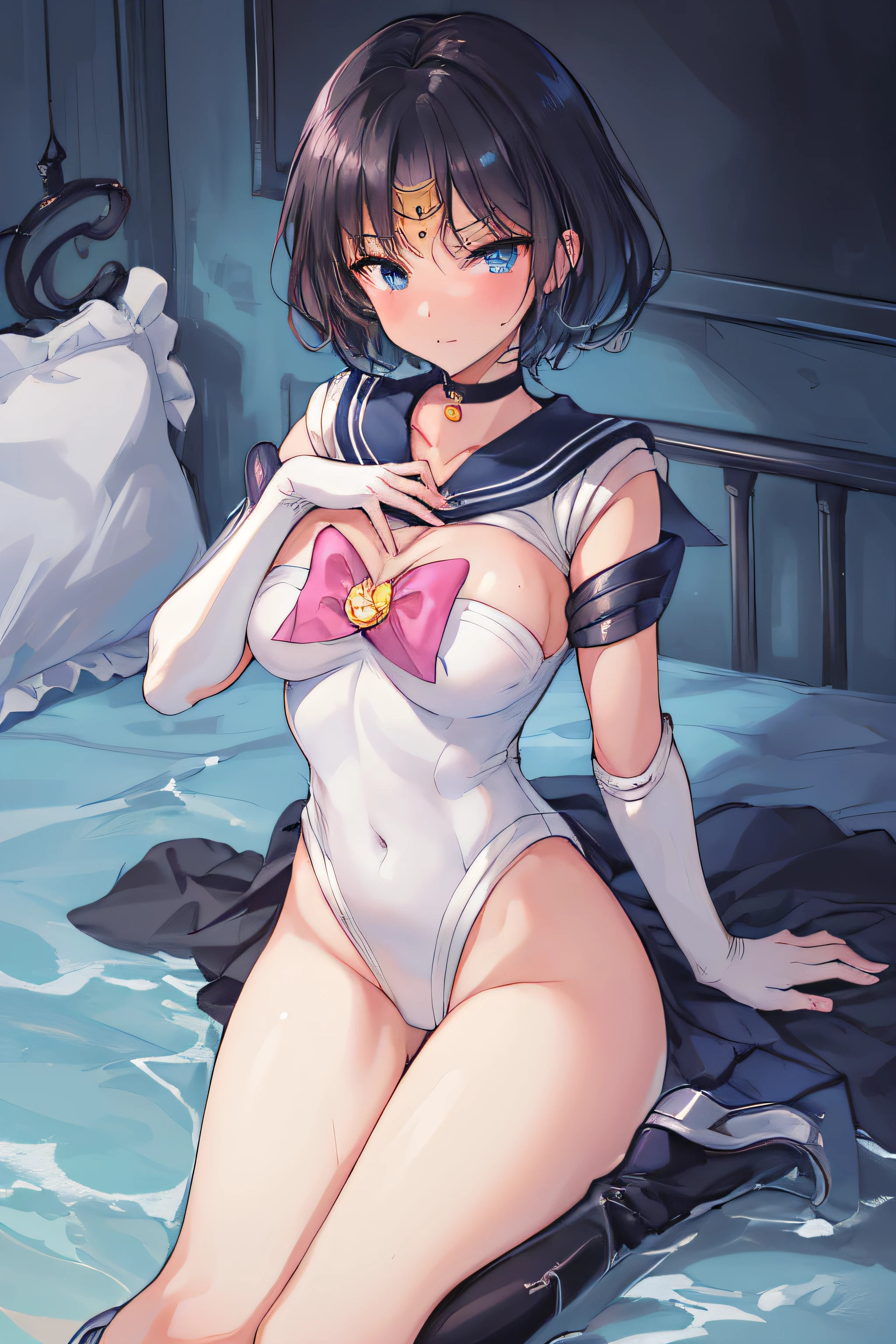 masterpiece, top-quality, hight resolution, 8K, Hi-Res, ultra-detailliert, 1girl in, (Anatomically correct), Full limbs, Precise fingertips, Slender 18 year old beautiful active girl, Brown-eyed, Slender eyes, A dark-haired, extra very short hair, (Black skin:1.2), (Sailor Moon: 1.3), (white leotard), (Blue sailor color), the bow, (Over-the-knee boots:1.1), a choker, (white glove), Blue choker, (elbowgloves), (a blue skirt), sole, (Lying in bed), ((One hand is in the crotch:1.28)), ((masturbation)), ((Touching the chest with one hand:1.28)), embarassed face, High school students, Full body like, Bust 86, Waist 58, Hip 88, (Mass sweat), (Tempered body, Toned body, Split abs:1.1), (Invite your beloved to have sex with her), Drenched body, Wet body, covered in water drops, soaked, Dripping wet, shiny white skin, glossy wet skin!!