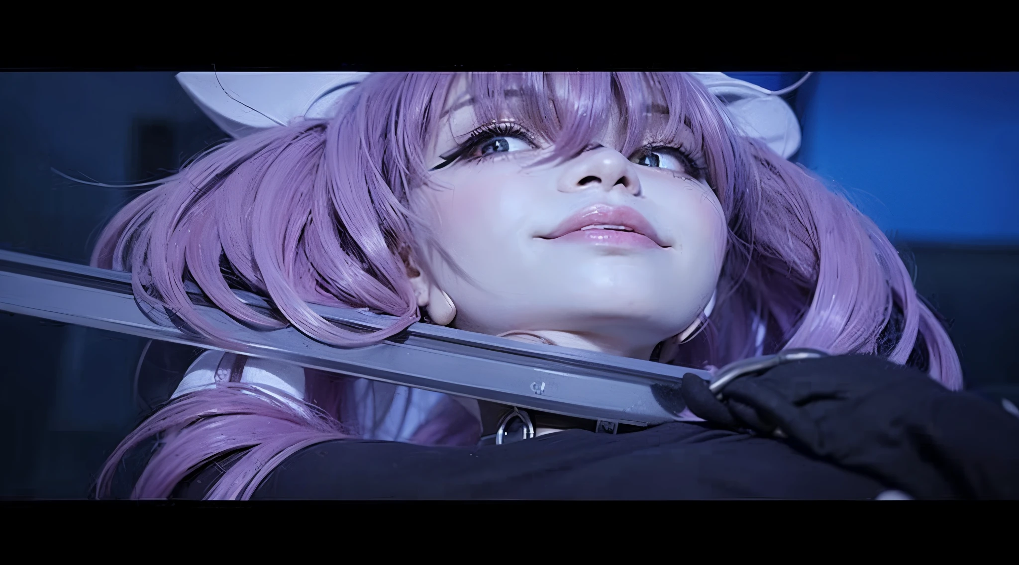 Girl, purple hair with twintail, black long gloves, holding sword on her neck