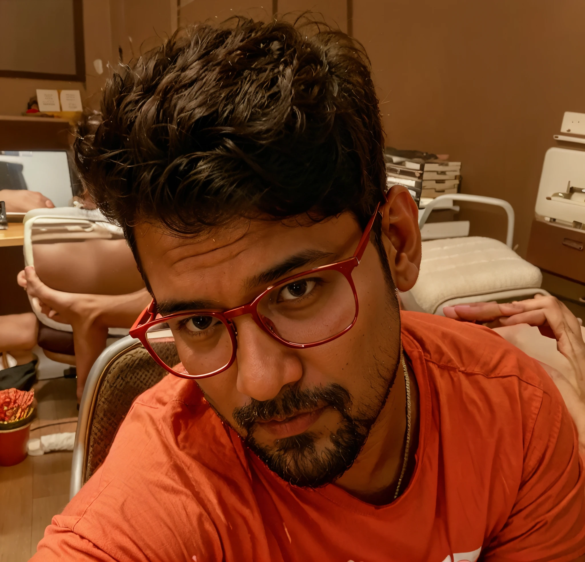 there is a man with glasses and a red shirt sitting in a chair, jayison devadas, vinayak, reddit post, uploaded, by Max Dauthendey, 4 0 years old man, professional profile picture, very artistic pose, 8k selfie photograph, about 3 5 years old, artistic pose, jayison devadas style, portait photo profile picture