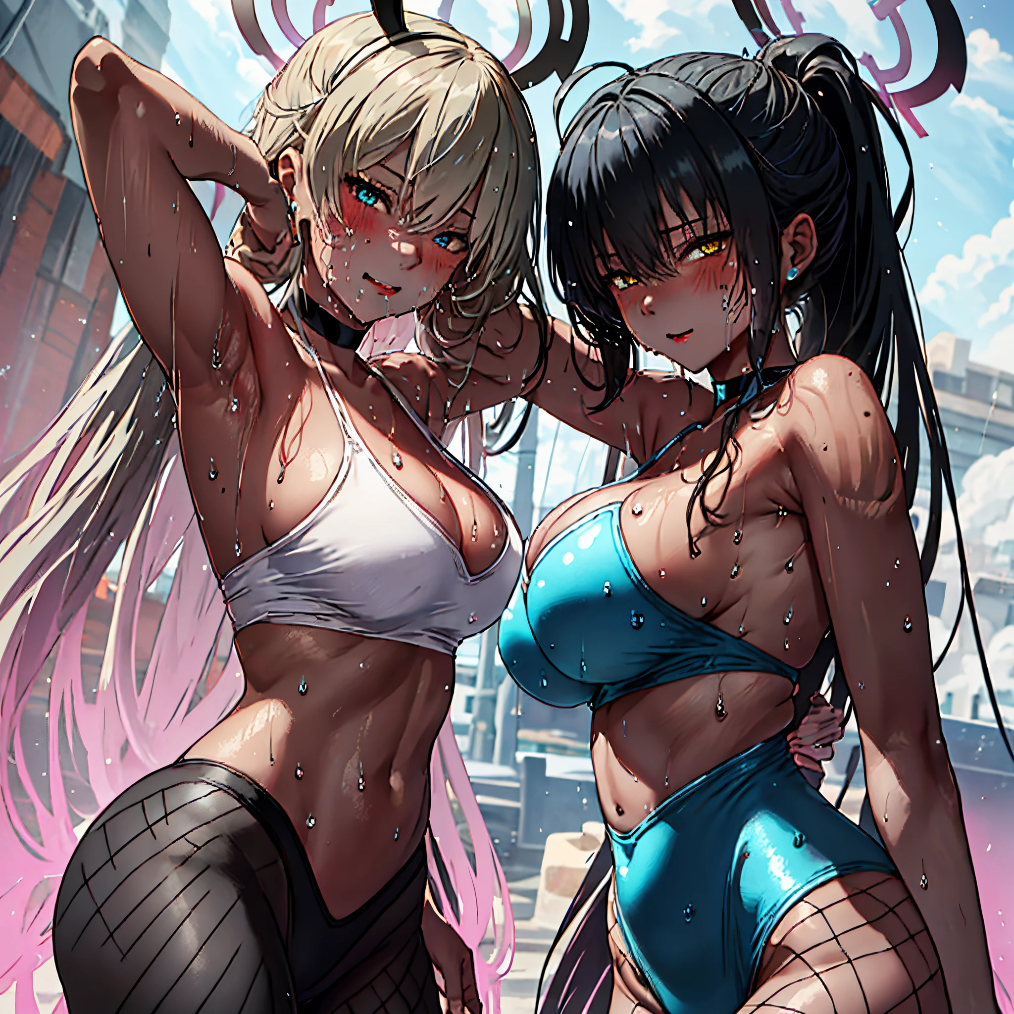 2 girls, arms behind each other, Asuna and karin, cleavage, (blue one piece bunny suit, pantyhose), (blush:1.3, sweaty:1.3), smile, smile, laugh, happy, (hi-res), (absurd), (best quality), (high quality), (masterpiece), shy , blonde hair, hair over one eye, black straight hair (medium breasts), Wet, Sweat, Embarrassed, 8K, High Definition, Show Cleavage, Movie Lighting, Beautiful Fingers, Well-Formed Fingers, High Detail, Sony FE GM, Cute, Drooling, Sweat, Wet, Colossal, White Skin and dark skin, Light Hair, Blushing Cheeks, Clear White Skin, Glowing Eyes, Colored Contact Lenses, Anime Style, Motion Lines, Glittering Eyes, Super Colossal, Ripping, Taut Breasts, large breasts, dripping sweat, shiny hair, post-facto, starry eyes, drooling, drooling, sweat, black pantyhose, white sweat, white fluid on stomach, black choker, perspiration, bunny ears, tits prominent