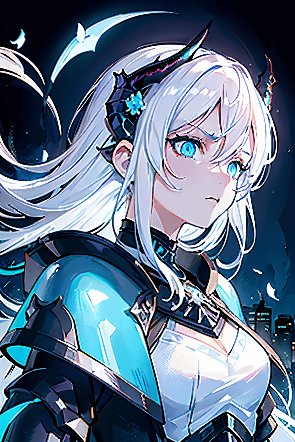 masterpiece, best quality,
1girl, (colorful),(finely detailed beautiful eyes and detailed face),cinematic lighting,bust shot,extremely detailed CG unity 8k wallpaper,white hair,solo,serious,intricate skirt,((flying petal)),(Flowery meadow)
sky, cloudy_sky, building, moonlight, moon, night, (dark theme:1.8), dark fantasy, ((Light Skin)) ((Blue Eyes)) ((Blue Horns)) (((Black Armor))) (((Dragon Girl))) ((Ice Magic))) (((White Hair))) Best Res, High Res, Absurd Res ((Elden Ring)) (((Best Face))) ((Mature, Rageful, hateful expression))