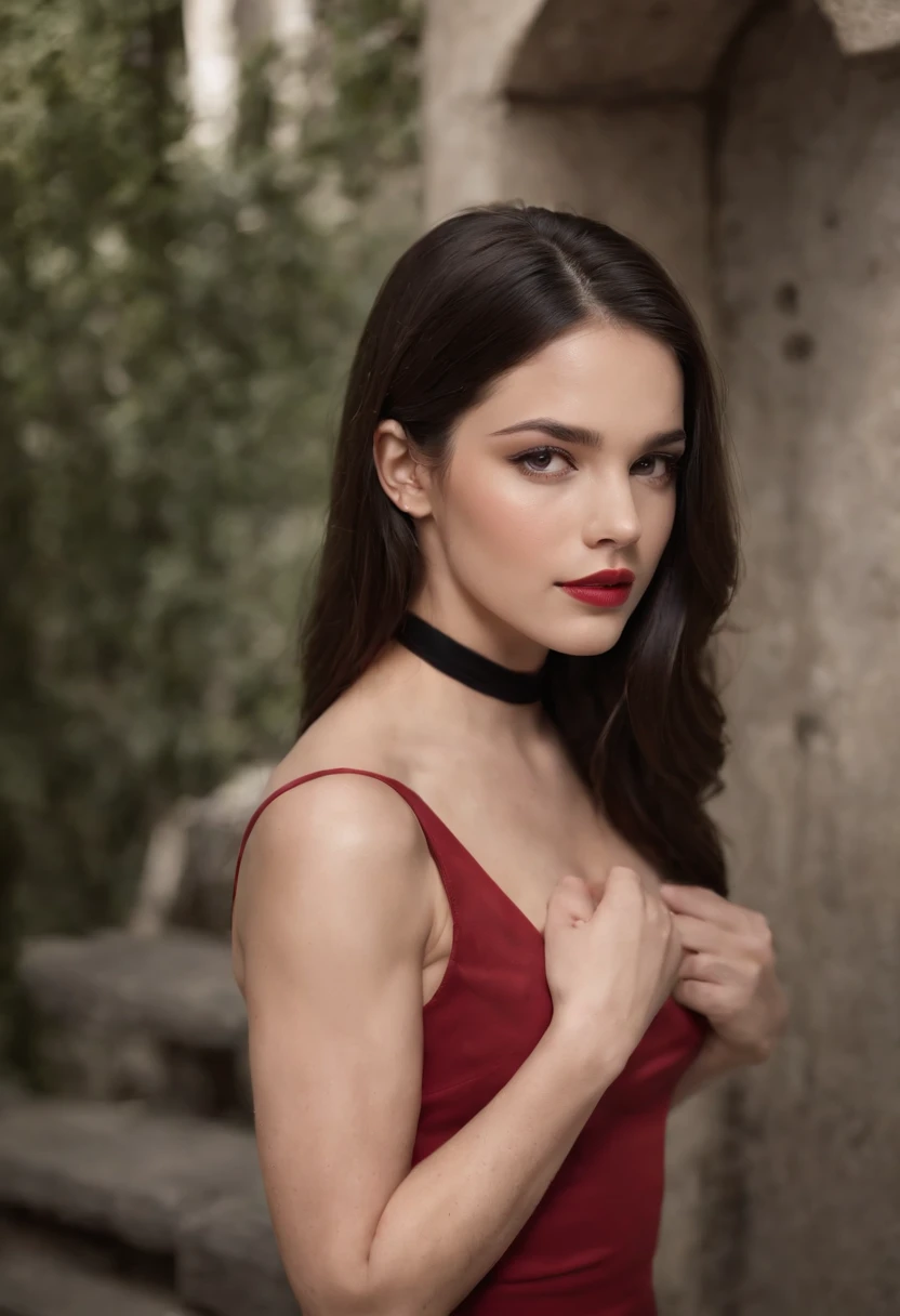 Emilia Gomez very horny, tall, Gorgeous, Spanish descent, Age 23, Smooth skin, Black hair. Turtleneck of red color, Black Fitting Pants, Simple Silver Cross Necklace, Work in an underground base, Highly detailed, with light glowing, 8K, Checking artifacts, holding a long whip. Amazing detail,