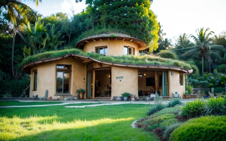 A photograph of a symmetrical contemporary house with (((one waved green roof))) and (((biological pool))) in a tropical backyard, mustard yellow terracota plaster walls (((rustic clay stucco))), ((corner walls rounded)), ((rustic clay plaster)), (((terracotta walls with rounded corners, organic curves))), (((rustic earth plaster, mud))), (((wave-shaped green roof with wooden edge))), (((wooden roof structure, wooden rake, wooden fascia board))), eaves, porch with wooden pillar, ((roof with wooden structure)), In Bali (((Tropical garden))), ((natural houses, organic buildings, organic architecture)), Ecovillage, sustainable architecture, Bioconstruction architecture, solarpunk architecture, (((grass roof, green roof, green wave roof, rounded roof, vegetated roofs))), ((green architecture)), Passive house, (((Rock Foundation))), Clear sky in the background, painful beauty, modern, imposing, green house, ((Bali hobbit Hadid Style)), super resolution, cinematic, color grading, editorial photography, photography, photo shoot, (((dramatic front eye top angle view))), O 50mm, depth of field, intricate details, natural colors, sharp focus, warm light, shutter speed 1/1000, F/22, White Balance, Ray Trace Reflections, Lumen Reflections, Screen Space Reflections, Diffraction Rating, Chromatic Aberration, GB Shift, Partial Lighting, Backlighting, Daylighting, Scan Lines, ambient occlusion, antialiasing, shaders, OpenGL-Shaders, GLSL-Shaders, Post-processing, post-production, shading, tone mapping, incredibly detailed and complex, hypermaximalist, elegant, hyperrealistic, super detailed, dynamic pose, Fujifilm XT