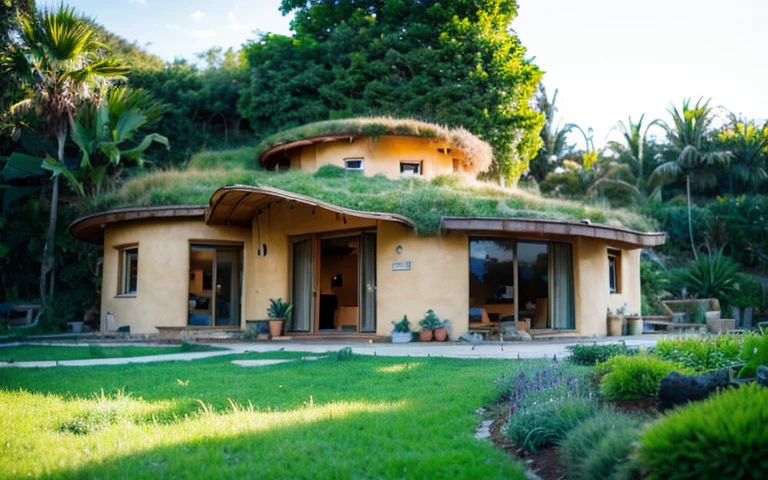 A photograph of a symmetrical contemporary house with (((one waved green roof))) and (((biological pool))) in a tropical backyard, mustard yellow terracota plaster walls (((rustic clay stucco))), ((corner walls rounded)), ((rustic clay plaster)), (((terracotta walls with rounded corners, organic curves))), (((rustic earth plaster, mud))), (((wave-shaped green roof with wooden edge))), (((wooden roof structure, wooden rake, wooden fascia board))), eaves, porch with wooden pillar, ((roof with wooden structure)), In Bali (((Tropical garden))), ((natural houses, organic buildings, organic architecture)), Ecovillage, sustainable architecture, Bioconstruction architecture, solarpunk architecture, (((grass roof, green roof, green wave roof, rounded roof, vegetated roofs))), ((green architecture)), Passive house, (((Rock Foundation))), Clear sky in the background, painful beauty, modern, imposing, green house, ((Bali hobbit Hadid Style)), super resolution, cinematic, color grading, editorial photography, photography, photo shoot, (((dramatic front eye top angle view))), O 50mm, depth of field, intricate details, natural colors, sharp focus, warm light, shutter speed 1/1000, F/22, White Balance, Ray Trace Reflections, Lumen Reflections, Screen Space Reflections, Diffraction Rating, Chromatic Aberration, GB Shift, Partial Lighting, Backlighting, Daylighting, Scan Lines, ambient occlusion, antialiasing, shaders, OpenGL-Shaders, GLSL-Shaders, Post-processing, post-production, shading, tone mapping, incredibly detailed and complex, hypermaximalist, elegant, hyperrealistic, super detailed, dynamic pose, Fujifilm XT