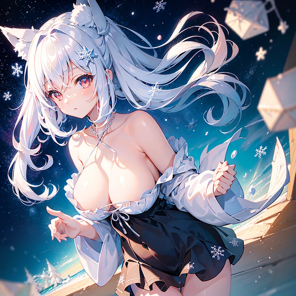 ((top-quality)), ((masterpiece)), (ultra-detailliert), (illustratio), (Detail light), (an extremely delicious and beautiful), girl with, cute face, The upper part of the body, 2foot, a miniskirt, (beautifully detailed eyes), Red eyes, messy floating hair, Silvery hair,Fox ears,Colorful inner hair, starry dotted hair, 【pearls】, 【milkyway】, depth of fields, 【ice crystal】, (Snowflake),Off-the-shoulder clothing,frilld,Lori, big boobs,Large chest,Clothes in black tones,delicious milk ice cream,