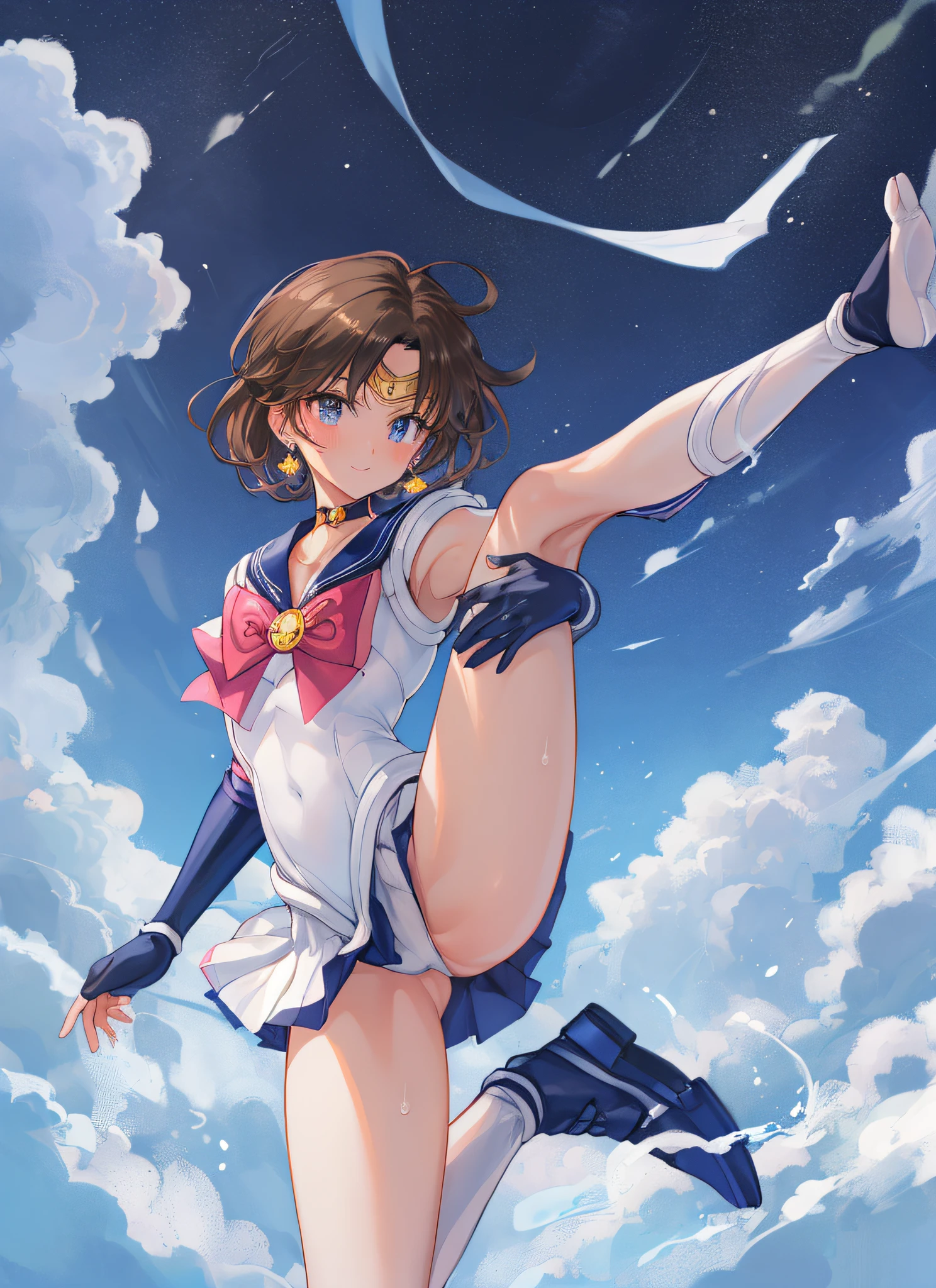 masterpiece, top-quality, hight resolution, 8K, Hi-Res, ultra-detailliert, 1girl in, (Anatomically correct), (Full limbs), (Precise fingertips), Slender 18 year old beautiful active girl, Brown-eyed, Slender eyes, A dark-haired, extra very short hair, (Black skin:1.3), ((Sailor Moon: 1.3)), (white leotard), (Blue sailor color), (Over-the-knee boots:1.1), a choker, (white glove), Blue choker, (elbowgloves), (a blue skirt), sole, flexible, (Standing on one leg:1.2), (standing split:1.3), muscular, Hand lifting one leg, ((Gymnastics competition venue:1.3)), A smile, High school students, Full body like, Bust 86, Waist 58, Hip 88, (Mass sweat), (Tempered body, Toned body, Split abs:1.1)