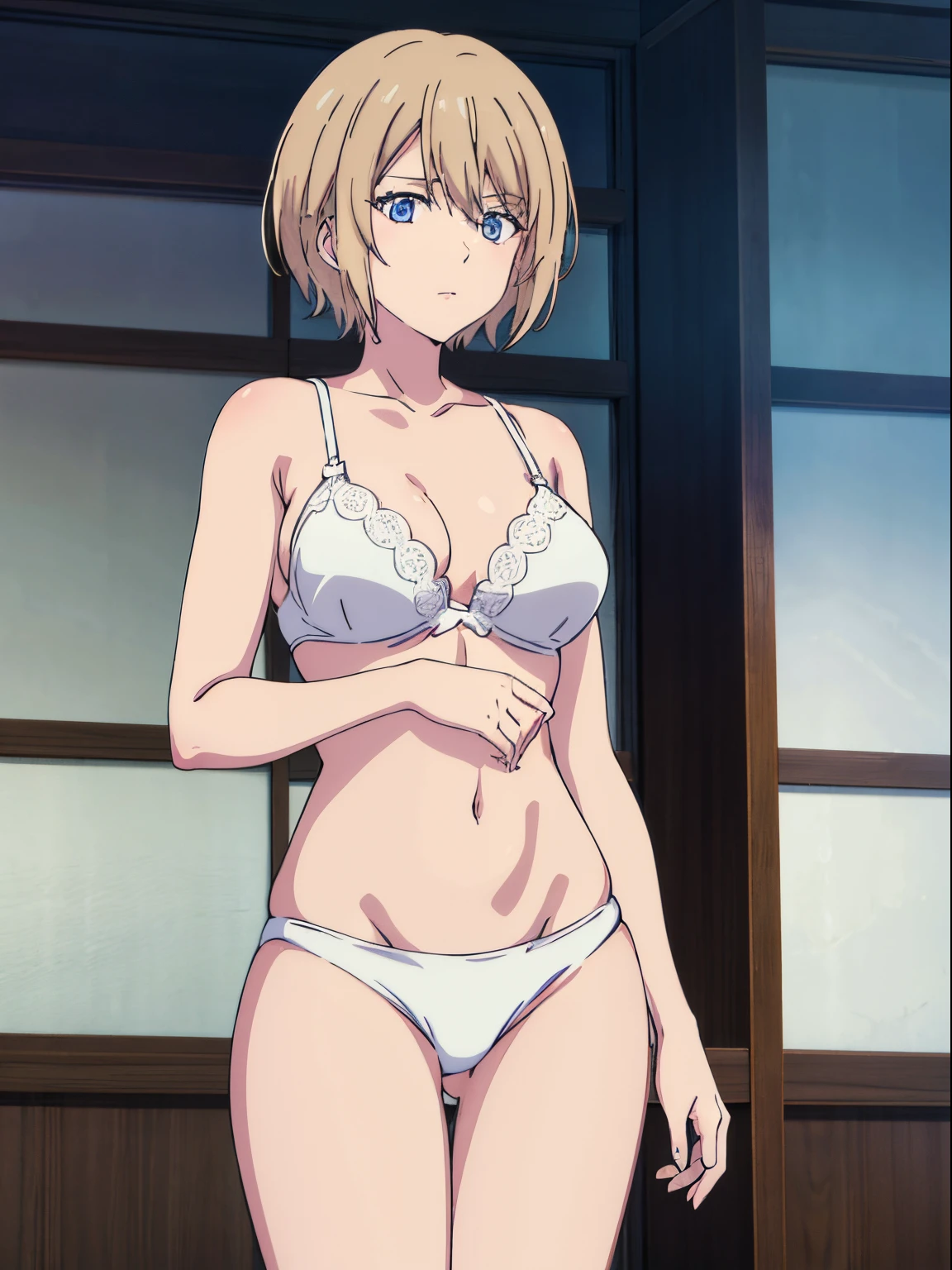 Akane hououji, 1 girl, alone, looking at viewer, short hair, blue eyes, brown hair, navel, medium breasts, underwear, standing, collarbone, shorts, character name, transparent, white lingerie with lace, white bra , white thong, hand on face, happy birthday, white nightgown, big breasts, medium waist, wide hips, wide thighs