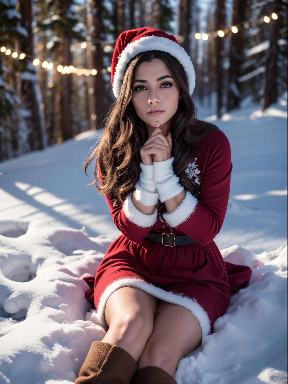 Beautiful young woman mischievous smile threatening look twenty five years old lying on the frozen ground covering herself with her hands 