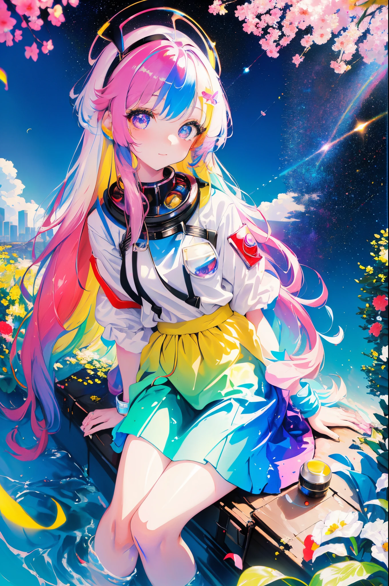Sitting in the big city seen from above、Near Future City、colourfull、colorful space suit、skirt by the、dream-like(Petite and beautiful girl with fine eyes。The depth of field in the photos is perfect、Lens flare added a nice touch。