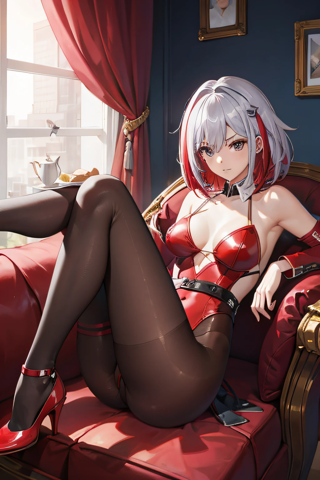 Jelotopaz, adorno para el cabello , red leotard, red high heels, pantyhose