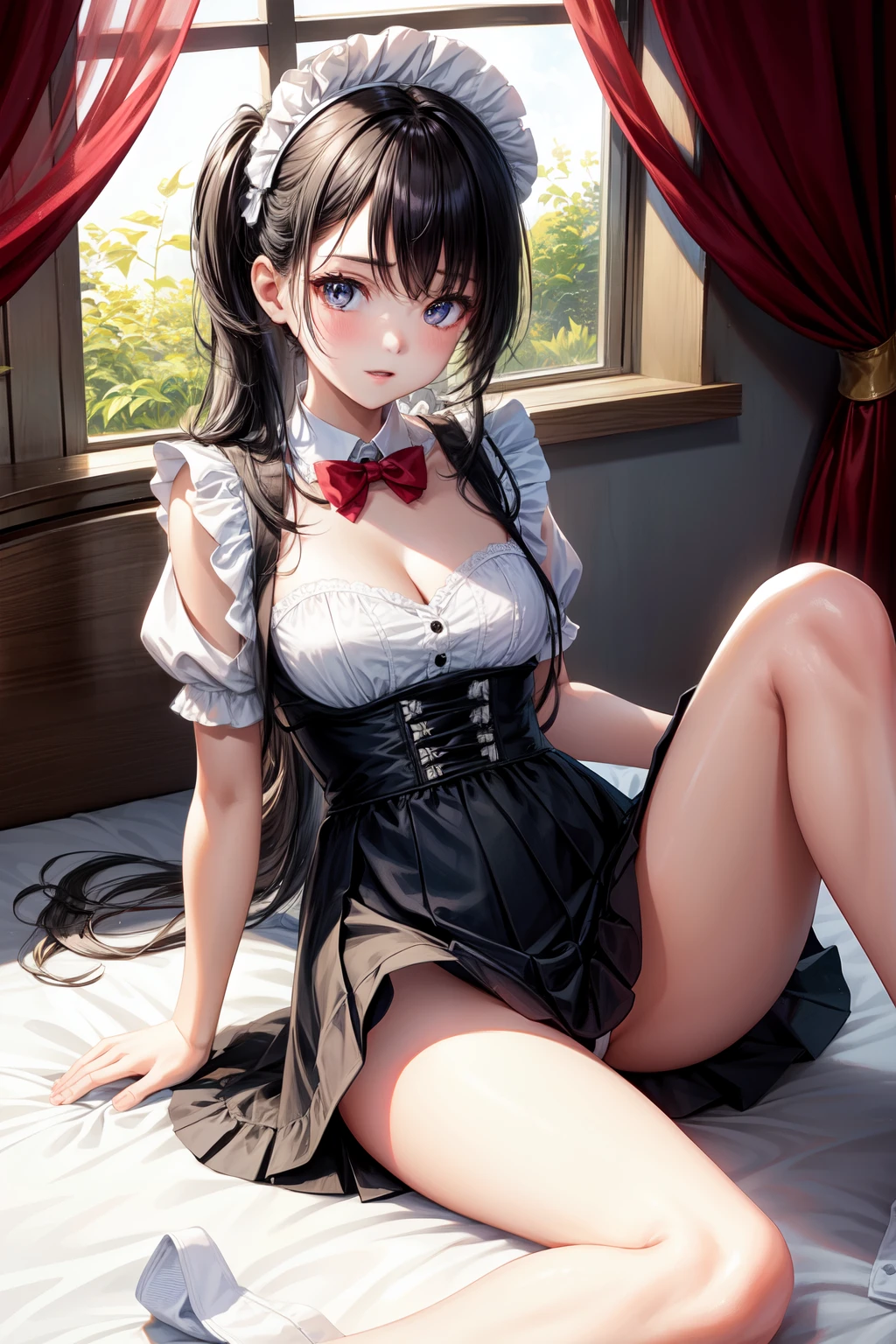 1girl in, top-quality、lighting like a movie、maid clothes、Cleavage is exposed、Twin-tailed black hair、a miniskirt、on the beds、open one's legs、white panties、