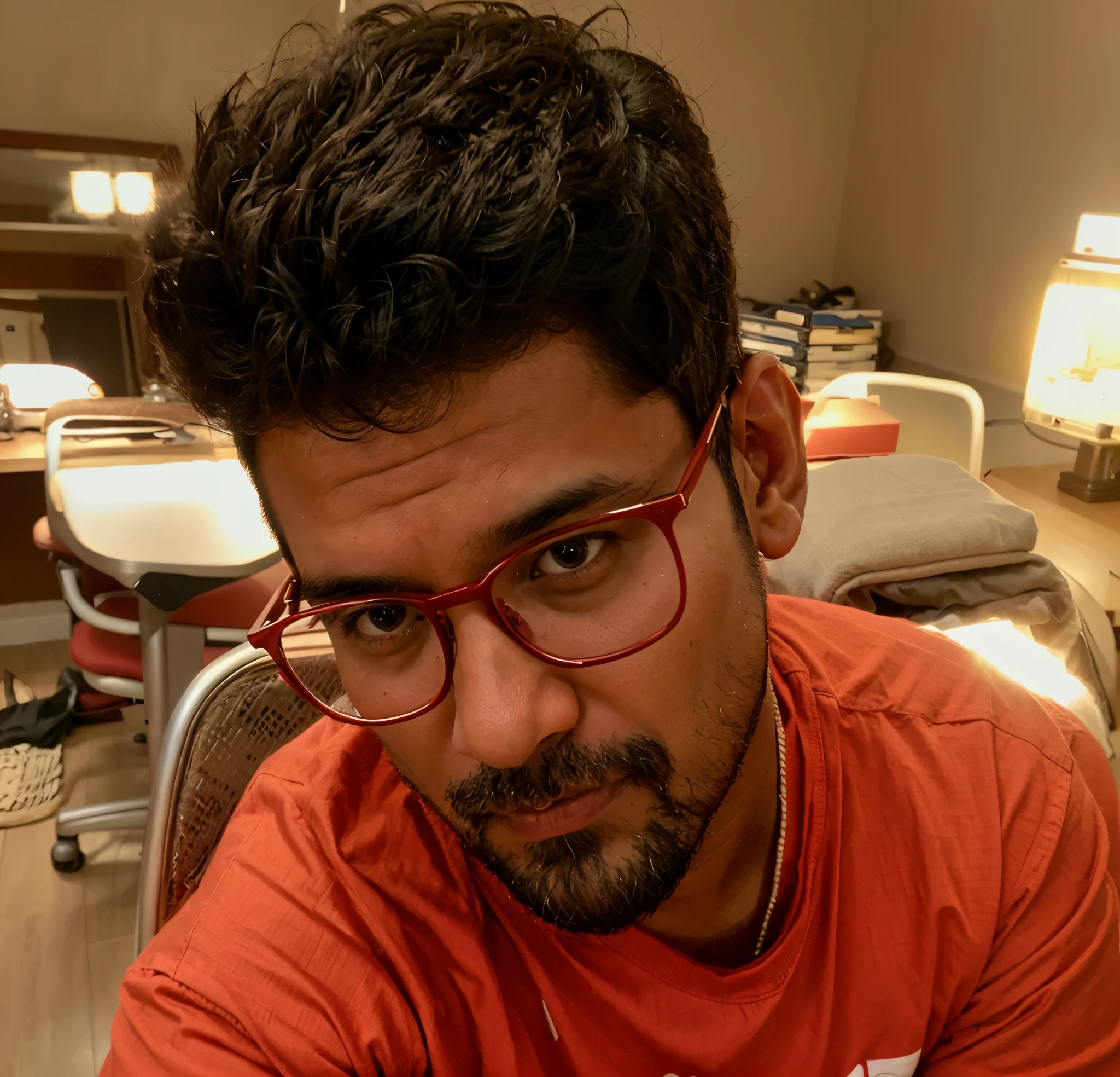there is a man with glasses and a red shirt sitting in a chair, jayison devadas, vinayak, reddit post, uploaded, by Max Dauthendey, 4 0 years old man, professional profile picture, very artistic pose, 8k selfie photograph, about 3 5 years old, artistic pose, jayison devadas style, portait photo profile picture