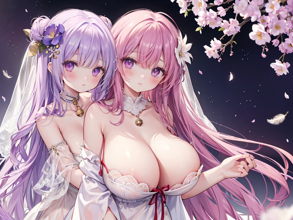 1 woman、爆乳、Viewer's Perspective、red blush、bangss、Light amethyst sparkling hair、Amethyst Eyes、huge tit、hair adornments、gloves、Bare shoulders、undergarment、florals、frilld 、Hair Flower、Nud、an lingerie、feater、white blossoms、jingle bell、neckbell、Chemomimimi Mode、feather hair ornament、Too large breasts、Lace veil、