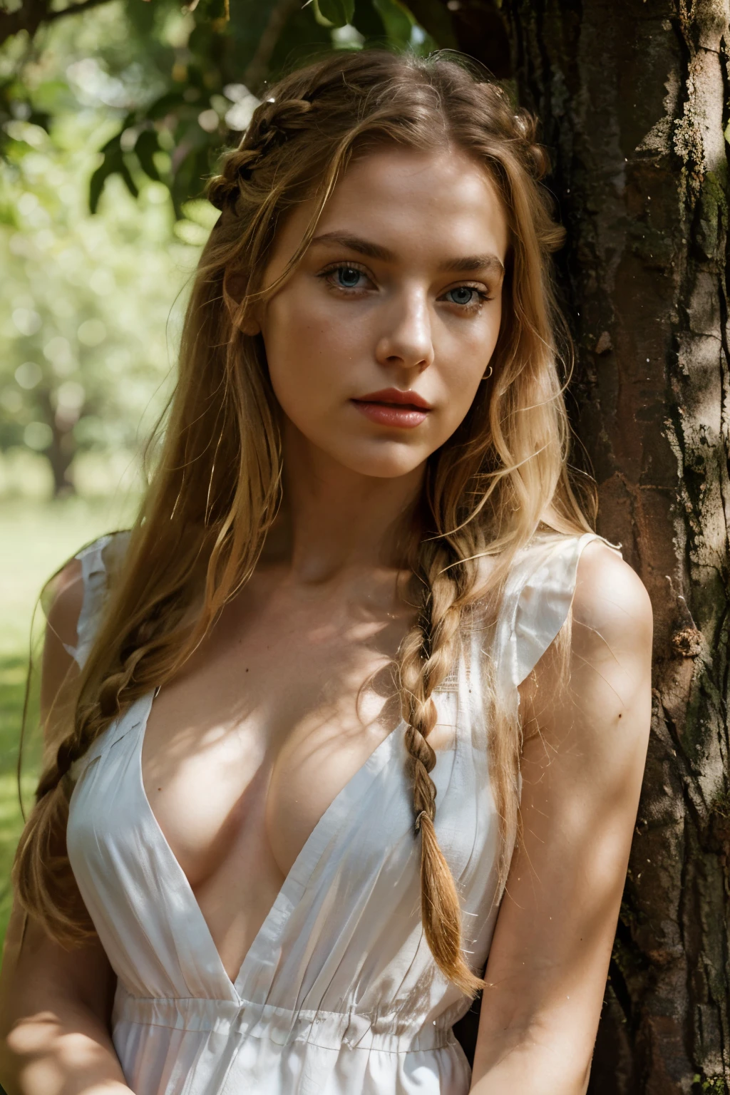 full body Beautiful woman long blond hair in a braid leaning against a tree, in a summer dress, margiela campaign, alluring gaze, straight eyebrows, full red lips, wild hairs, dutch, female model, zoomed, libertas, blue eyes, symmetrical face!!, nostalgia, jordan , hyperdetailed, photo realistic, cinematic, volumetric light, 8k quality photo