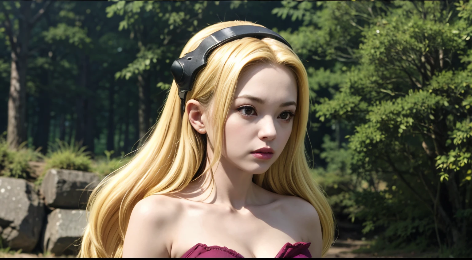 masterpiece, highres, 1girl, portrait, pink dress,blonde hair, strapless, MinamiHokutozaiR4 , earmuffs, at the forest, blue sky, cleavage, medium breast
