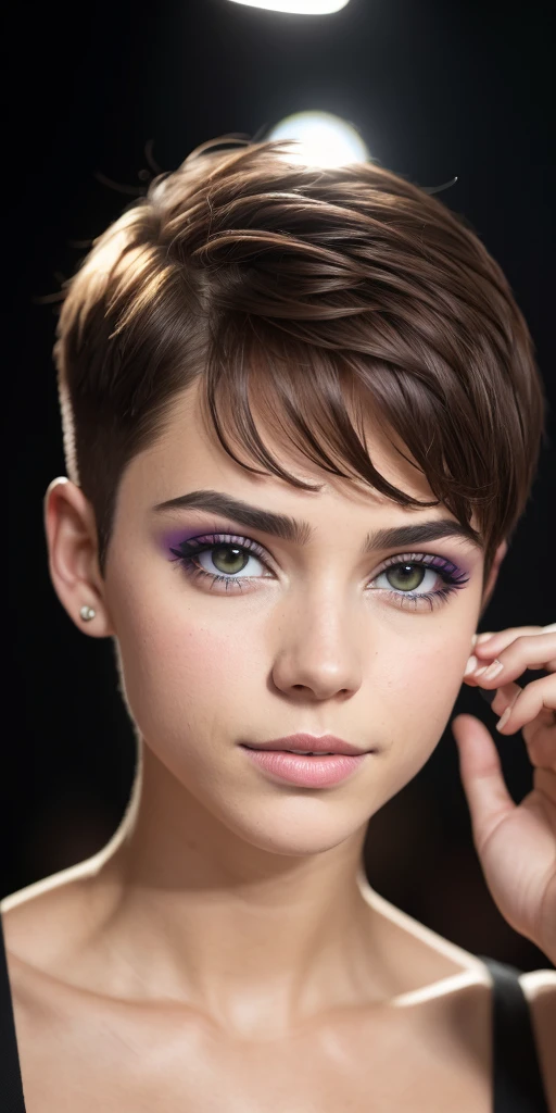 Photo of a -yeld Euean girl, .RAW, beautiful woman,pecas en mejillas ,hermosos  ojos azules(Light brown hair pixie haircut),corte de cabello pixie ((retrato)), ((Cara detallada:1.2)), ((Detailed facial features)), (Piel finamente detallada), ropa grunge, ropa rockera europea ,lindo maquillaje, Purple eyeshadows on eyelids ,Un sexy(cool color), humid, humid, Reflectores, (Masutepiece) (proporciones perfectas)(fotos realistas)(La mejor calidad) (Detallado) fotografiado con una EOS R5 de Canon, Lente de 50 mm, f/2.8, NffSW, (8k) (papel tapiz) (cinematic lighting) (Dramatic lighting) (foco nítido) (Enrevesado) , Cheerfully waving to the camera ,mirada seductora