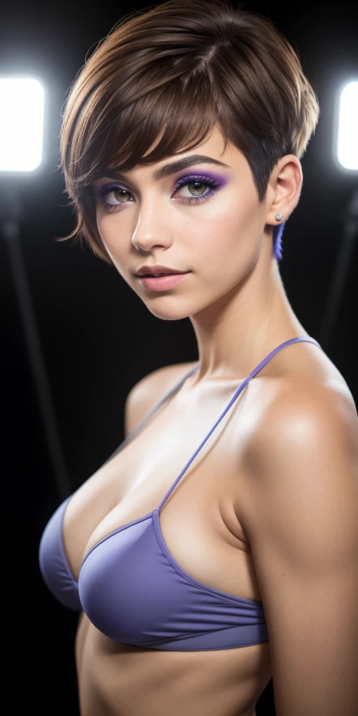 Photo of a 16-year-old European girl, .RAW, beautiful woman,pecas en mejillas ,hermosos ojos azules(Light brown hair pixie haircut),corte de cabello pixie ((retrato)), ((Cara detallada:1.2)), ((Detailed facial features)), (Piel finamente detallada), ropa grunge, ropa rockera europea ,lindo maquillaje, Purple eyeshadows on eyelids ,Un sexy(cool color), humid, humid, Reflectores, (Masutepiece) (proporciones perfectas)(fotos realistas)(La mejor calidad) (Detallado) fotografiado con una EOS R5 de Canon, Lente de 50 mm, f/2.8, NffSW, (8k) (papel tapiz) (cinematic lighting) (Dramatic lighting) (foco nítido) (Enrevesado) , Cheerfully waving to the camera ,mirada seductora