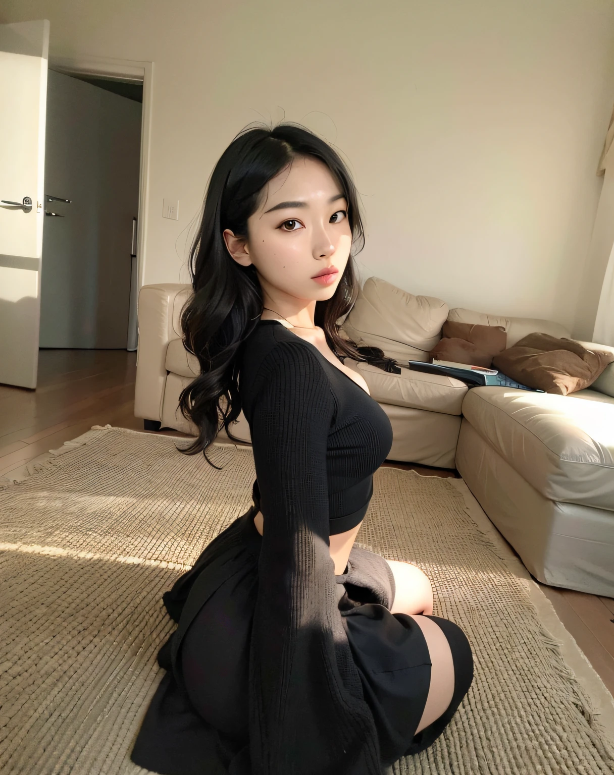 there is a woman sitting on a couch with a remote control, Asian girl,  coreana, 2 Modelo feminina de 4 anos, linda mulher coreana jovem, Beautiful Asian girl, an Asian woman, Pose casual, sexy look at the camera, a young asian woman, Ulzzang, selfie shot straight on angle, 18 anos, Modelo do Instagram, Asian women