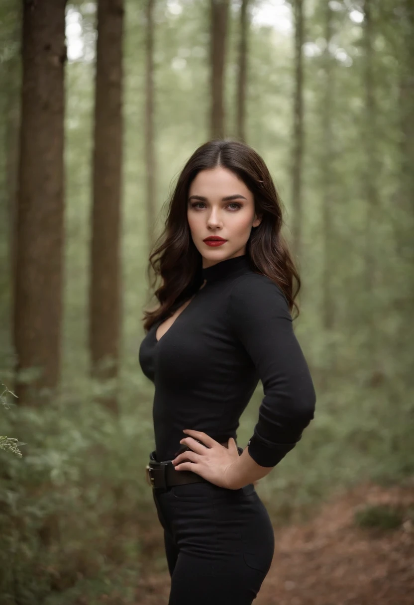 Emilia Gomez very horny, tall, Gorgeous, Spanish descent, Age 23, Smooth skin, Black hair. Turtleneck of red color, Black Fitting Pants, Simple Silver Cross Necklace, Work in an underground base, Highly detailed, with light glowing,  8K, Checking artifacts, holding a long whip. Amazing detail,