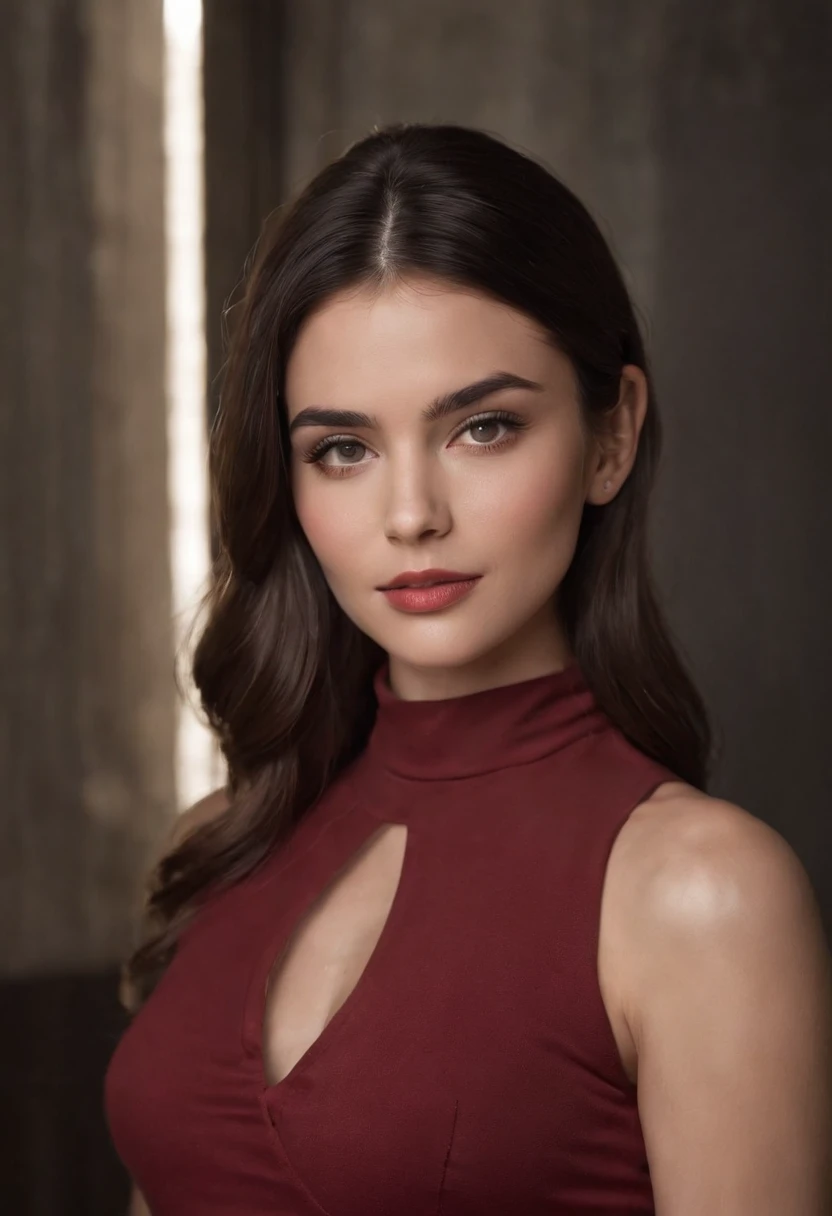 Emilia Gomez very horny, tall, Gorgeous, Spanish descent, Age 23, Smooth skin, Black hair. Turtleneck of red color, Black Fitting Pants, Simple Silver Cross Necklace, Work in an underground base, Highly detailed, with light glowing, 8K, Checking artifacts, holding a long whip. Amazing detail,