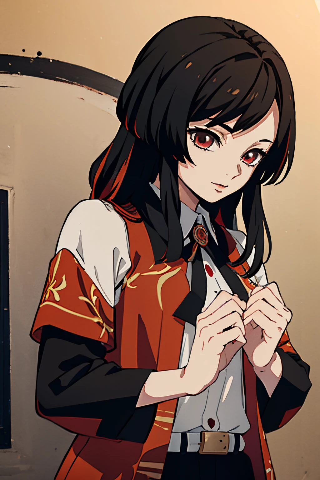 (masterpiece, illustration, best quality, detailed) Kimetsu no Yaiba style, multi-coloured hair, medium hair, long bangs, hair between eyes, side bangs, loose hair, red eyes, demon slayer uniform, black button shirt, black skirt, short black skirt, extremely detailed, beautiful face, beautiful eyes, detailed eyes, 1girl, cute smile face, looking at viewer, upper body