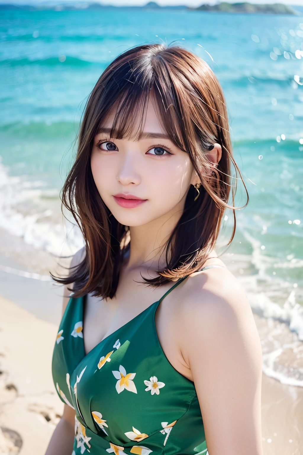 (top-quality、8K、32K、masuter piece、nffsw:1.2)、profile、(slim figure:1.2)、(s lips) 、二重まぶた、shinny skin、Realistic rays、mare、beauitful face、(Light smile:1.3)、(Bery short hair:1.4)、blurry backround、(Front Focus)、(Dark: 1.6)、Fantasy Art、photoRealstic、Professional Lighting、extra detailed face、Award-winning、deep-shadows、Summer Beach、Green floral dress