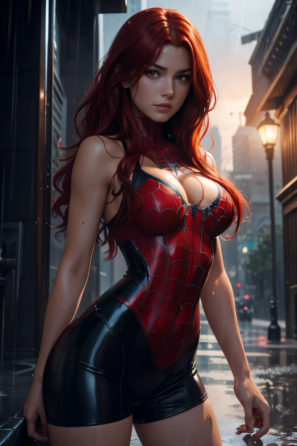 in the style of Artgerm and Adam Hughes, sexy wet t-shirt woman, mary jane watson, spider-man style, red hair, temple, caught in the rain, no bra, ultra high def, 32k,