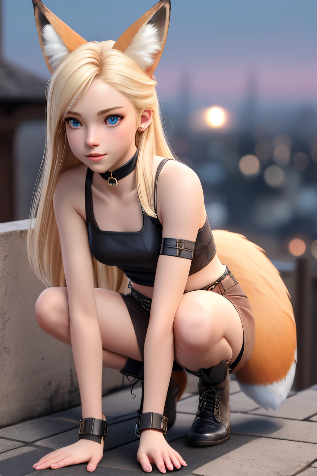 close up 1girl in, ager, Solo, Aesthetic artwork, blond, straight blonde hair, super long blonde hair, light blue eyes, some small freckles, pale skin, small breasts, runners body, (thin hips, thin waist: 1.25), detailed skin, neutral face, parted lips, (action shot, crouching:1.3), wearing a choker with a bell, wearing leather halter top and short shorts, (white fox ear, white fox tail:1.25), (full body: 1.1), very detailed city roof background, rooftop, overlooking ancient Greek city, 24mm, 4k textures, soft cinematic light, RAW intricate, elegant, highly detailed, sharp focus, ((((cinematic look)))), soothing tones, insane details, intricate details, hyperdetailed, low contrast, soft cinematic light, dim colors, exposure blend, hdr, faded