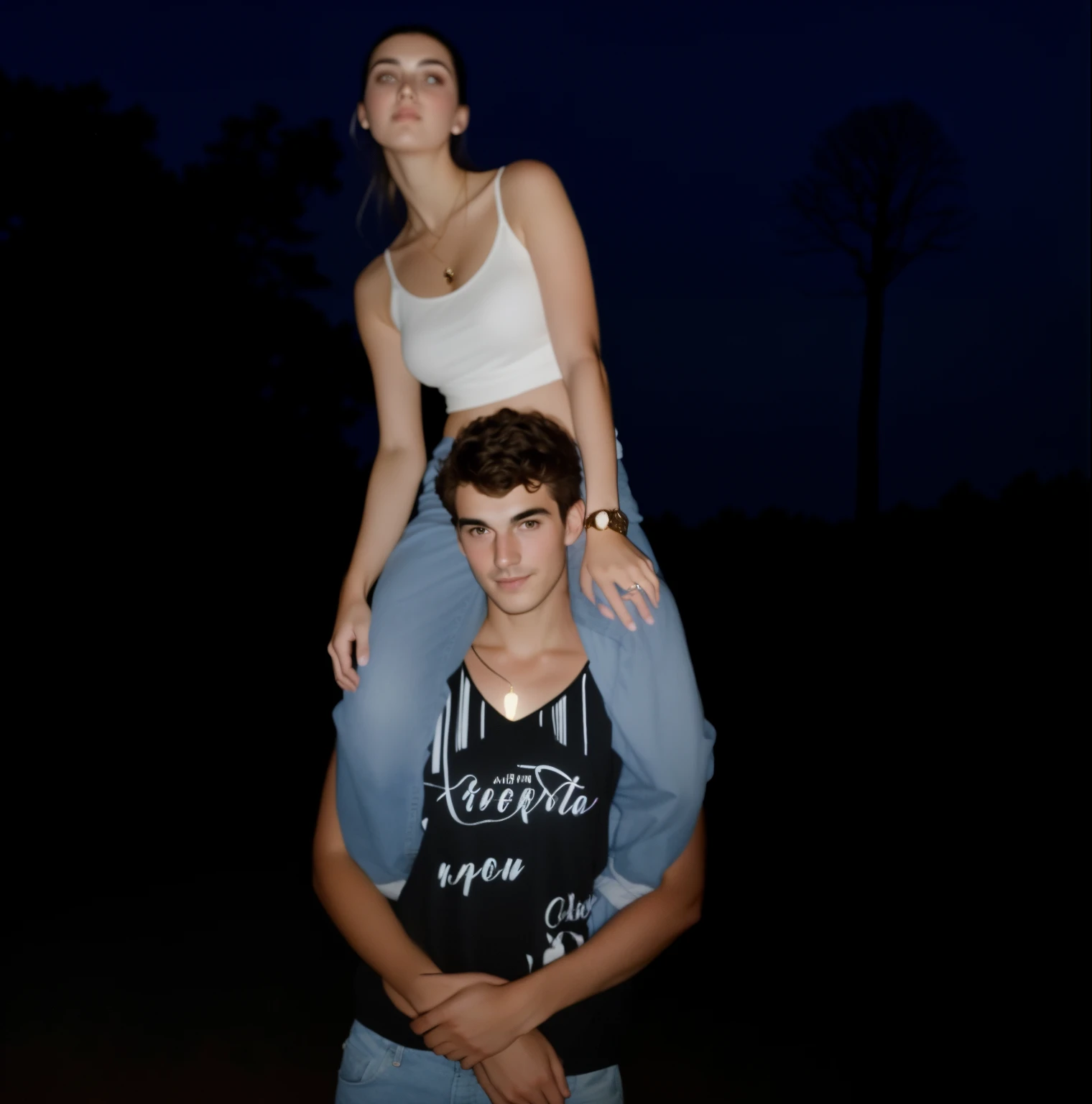 they are two people standing on top of each other in the dark, very very low quality picture, couple pose, very accurate photo, vacation photo, very very very tall, very very very very tall, very tall, photo taken in 2 0 2 0, against the backdrop of trees, lovely couple, dasha taran