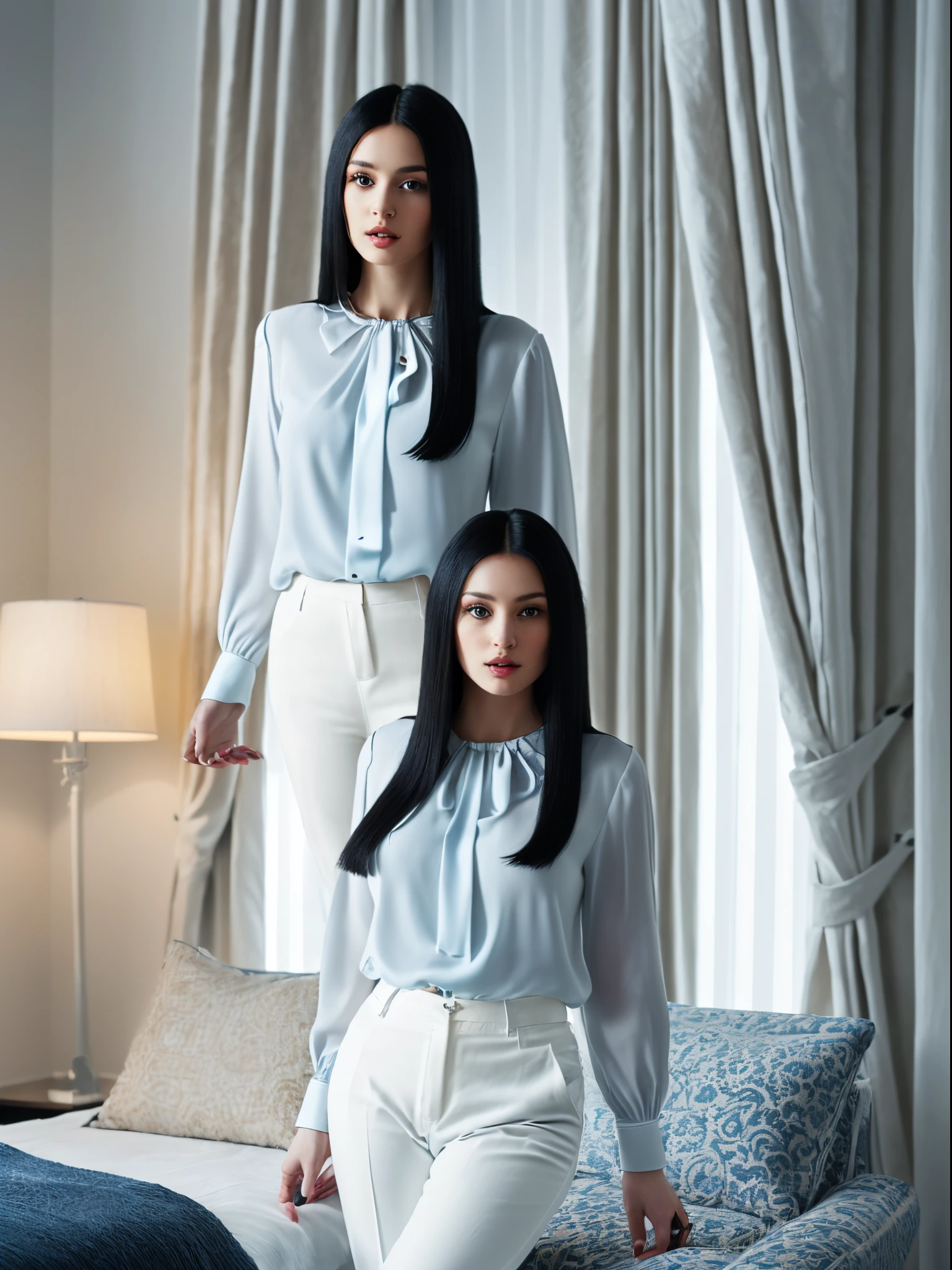 (a beautiful, white woman). (black, long, straight hair with a mirror shine). She is 28 years old. ((She wears an elegant blue blouse and sophisticated white pants.) well-groomed and realistic hands. She is in a modern and elegant room, with curtains and lights. Extremely realistic photo, 8k quality.