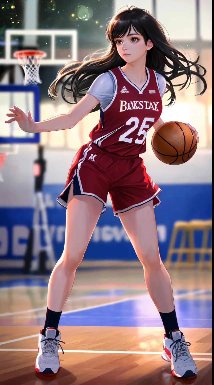 (8k, Best Quality, Masterpiece: 1.2), (Realistic, Realistic: 1.37), Ultra Detailed, Best Quality, Ultra High Resolution, Professional Lighting, Photon Mapping, Radiosity, Physically Based Rendering, Cinematic Lighting, Basketball court, depth of field, clear focus, sunlight, good composition, (bokeh: 1.2) 1girl, solo, (full body), (closed mouth), beautiful and detailed eyes, pose, narrow waist, basketball uniform, black hair , messy hair, long hair blowing in the wind, (ulzzang-6500:1.2) mix4, hiqcgbody