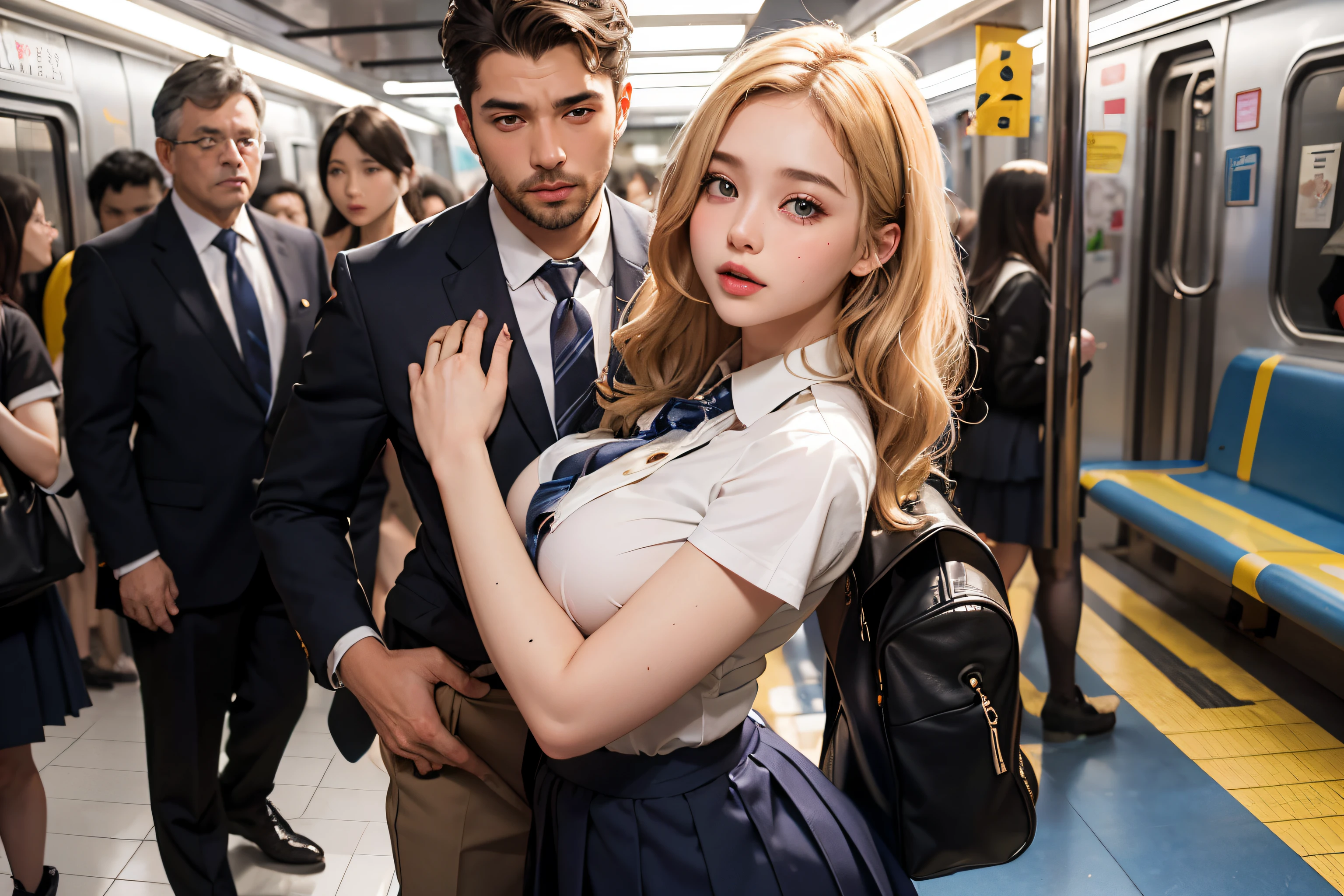 １Man girl、top-quality、超A high resolution、Colossal tits、breastsout、Wavy blonde hair、Picture-perfect face、、Beautiful expression、beauitful face、beautidful eyes、High School Uniforms、Schoolgirl Uniform、a miniskirt、White T-Pack、beauty legs、Subway train interior background、In a crowded train、(Lots of men on the train、Male molesters、Molestation on the train)、(((( Man standing behind schoolgirl、A man lifts a skirt from behind a schoolgirl、A man grabs a schoolgirl buttocks from behind、A man grabs a schoolgirl's chest from behind、Touching the chest))))、(insertion(SEX)　、Ejaculation on the body、Massive ejaculation)、fear expression、blushed face、s ass、Turned、、upturned ass、Show me your sloping buttocks、Stick your big butt out towards the viewer