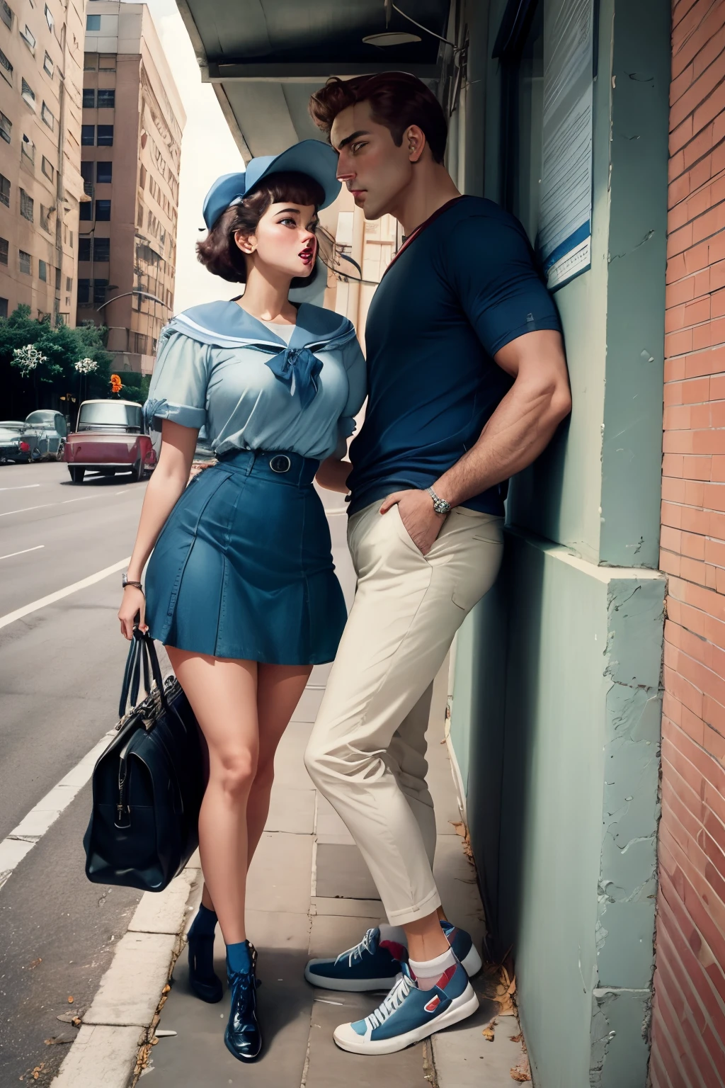 Couple in college campus, cinamatic, 1960 movie style, blue , hyper realstic