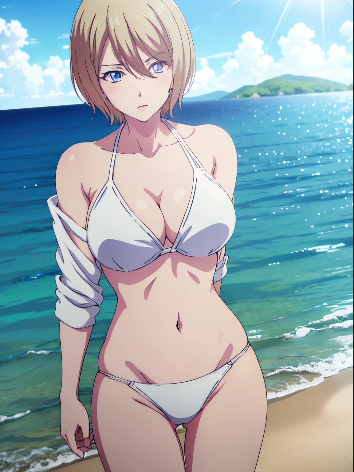 akane hououji, 1 girl, alone, looking at viewer, short hair, dull blonde hair, blue eyes, white shirt, wet shirt, open shirt, hair between eyes, bare shoulders, large breasts, medium waist, wide hips, wide thighs, blue bikini, beach, standing, sunny, partly cloudy