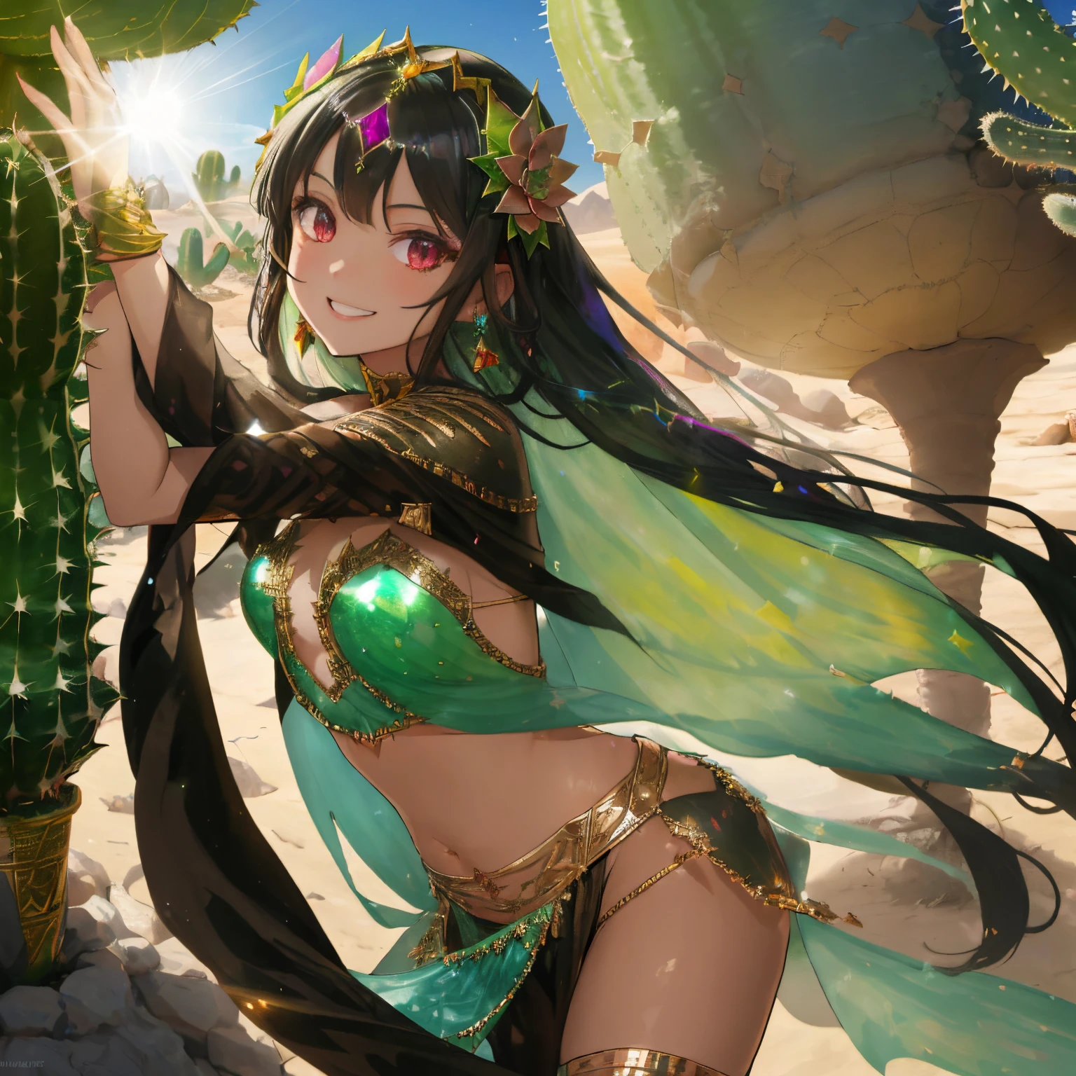 Desert where the sun shines brightly,Princess of Arabian Nights,Lustrous black hair,transparent mask,An oasis where light reflects and shines,There are many cacti and succulents around the oasis.,Dancing happily,Clothes that shine in iridescent colors,A veil fluttering in the wind,Dancer costumes,Slight red tide,Happy smile,ballet,dance,